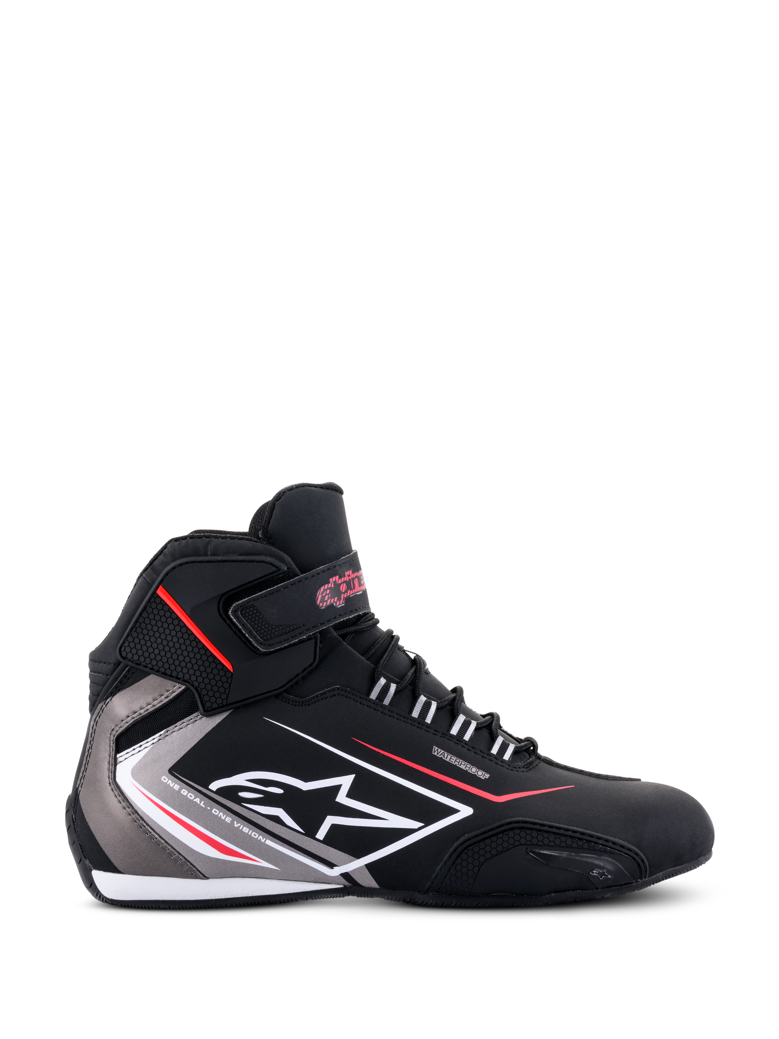 Alpinestars Sektor Waterproof Shoes, Motorcycle Riding Shoes, Black White and Gray with red accents, profile view featuring white Alpinestars logo and waterproof membrane branding, lightweight microfiber construction, sleek athletic design for all-weather road performance