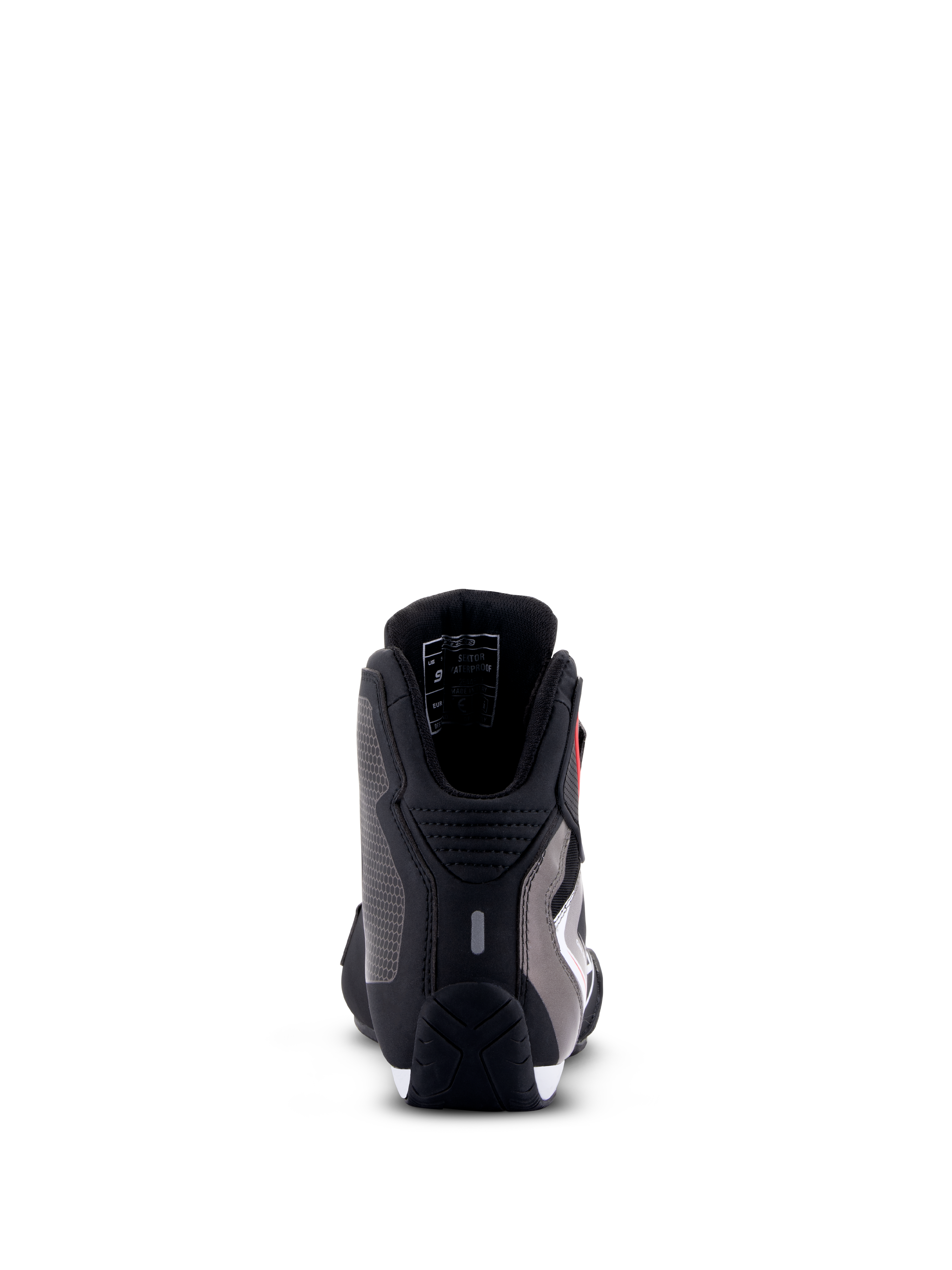 Alpinestars Sektor Waterproof Shoes, Motorcycle Riding Shoes, Black White Gray, rear view showing heel protection, microfiber chassis, and durable rubber sole.