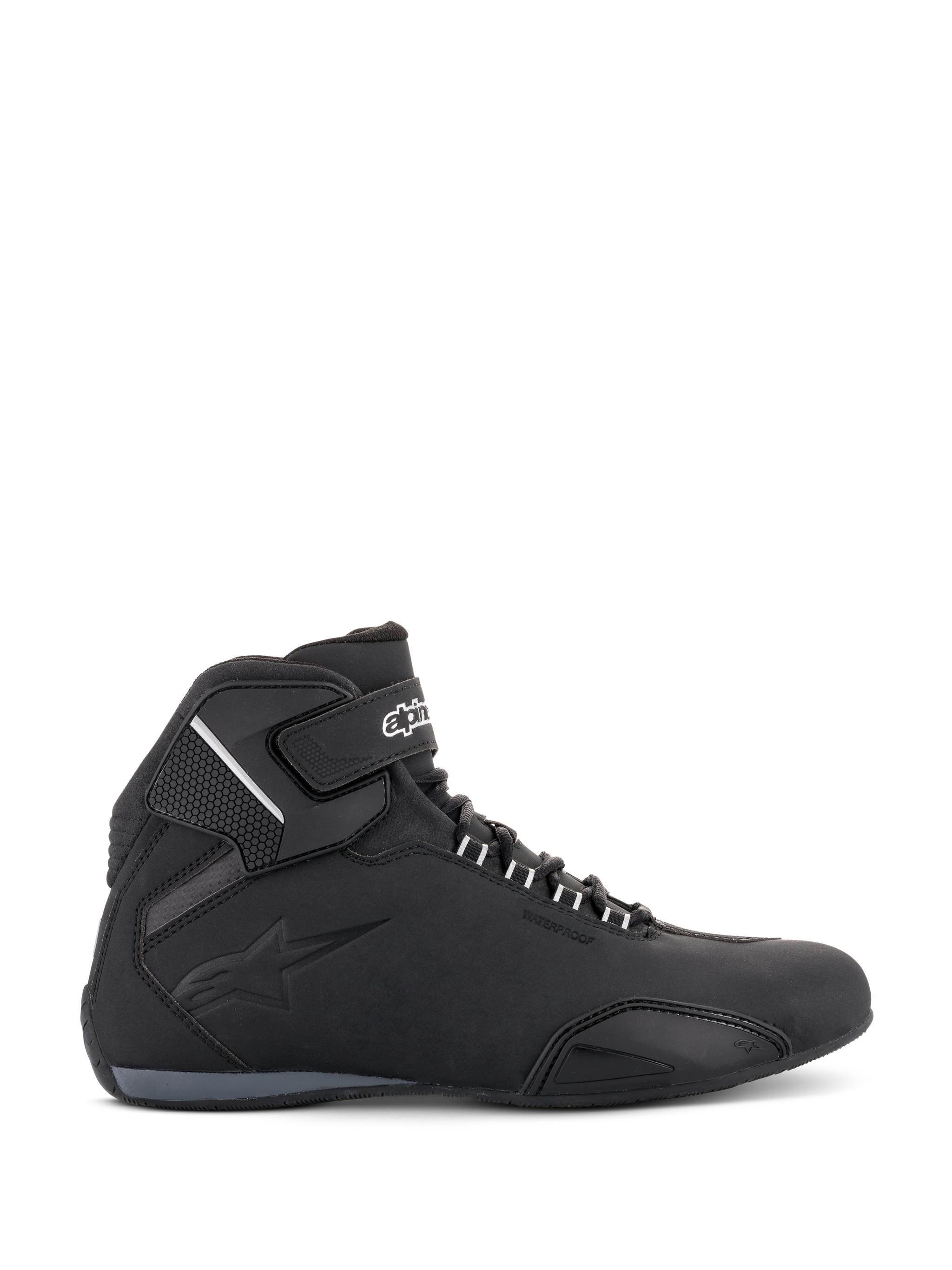 Alpinestars Sektor Waterproof Shoes, Motorcycle Riding Shoes, Black, side profile view featuring a lightweight microfiber chassis, ankle strap with white branding, embossed logo, and low-cut athletic design for road riding.