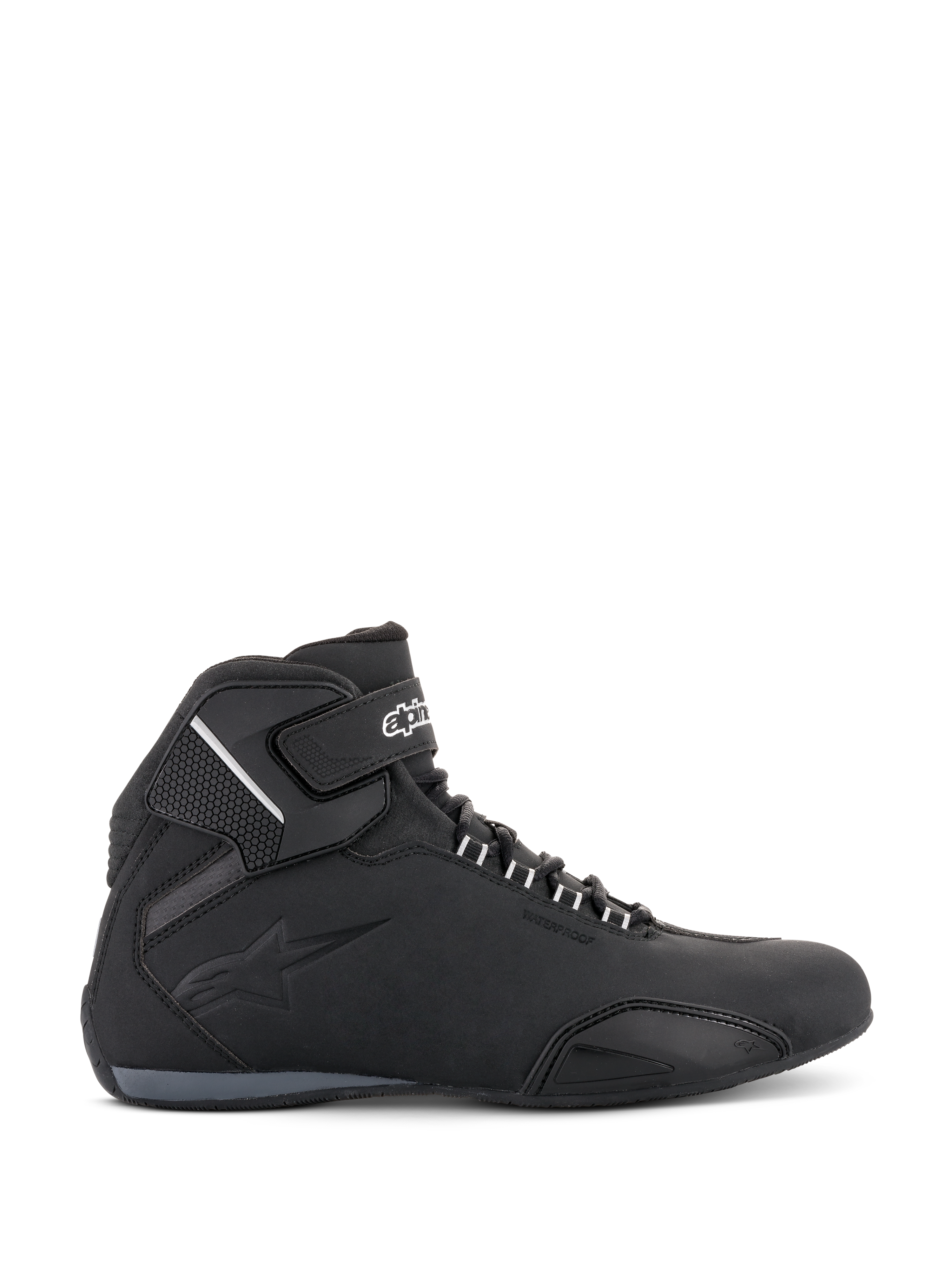 Alpinestars Sektor Waterproof Shoes, Motorcycle Riding Shoes, Black, side profile view featuring a lightweight microfiber chassis, ankle strap with white branding, embossed logo, and low-cut athletic design for road riding.