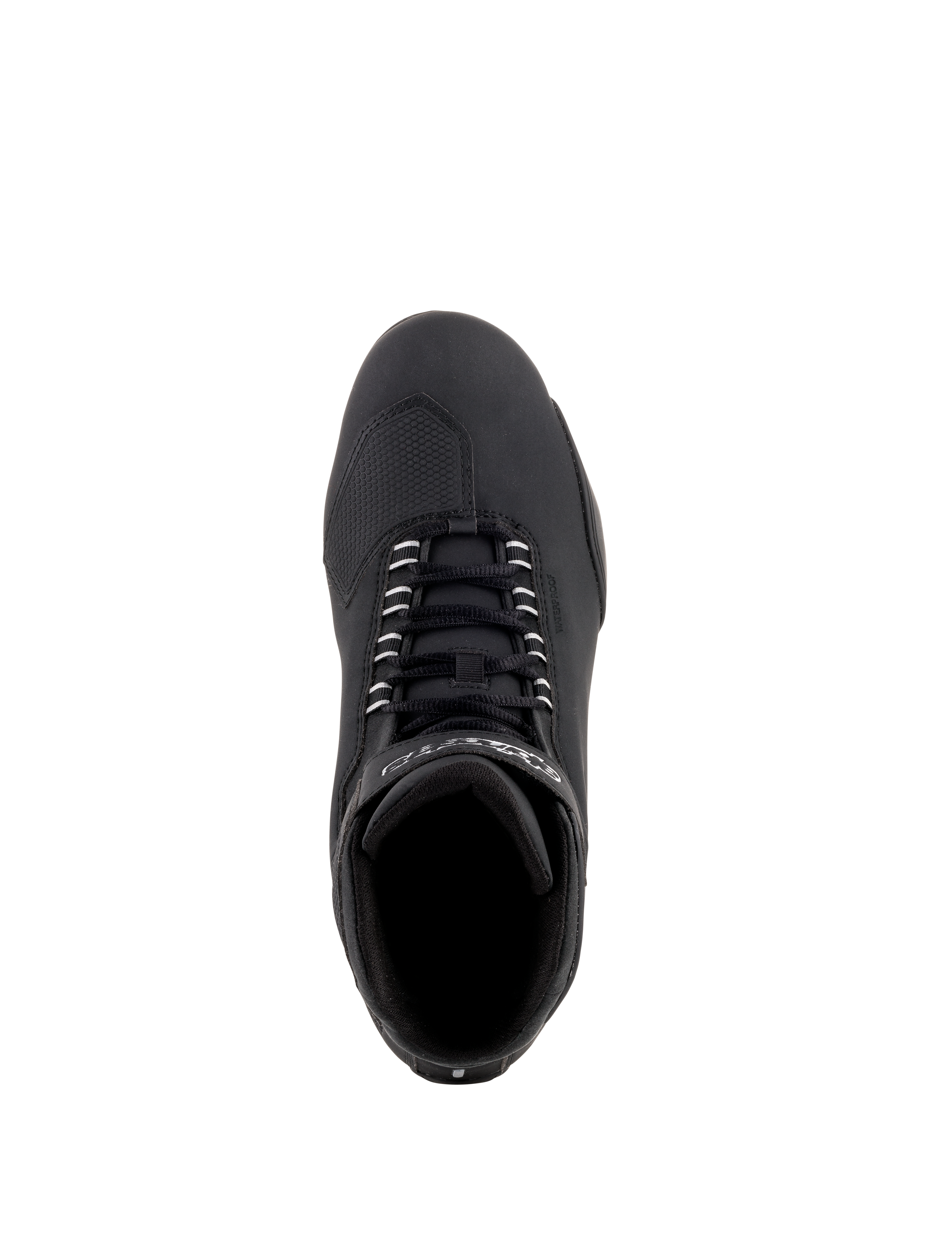 Alpinestars Sektor Waterproof Shoes, Black Motorcycle Riding Shoes, Top-down view showing black laces and reinforced toe-box, sleek microfiber construction for road performance