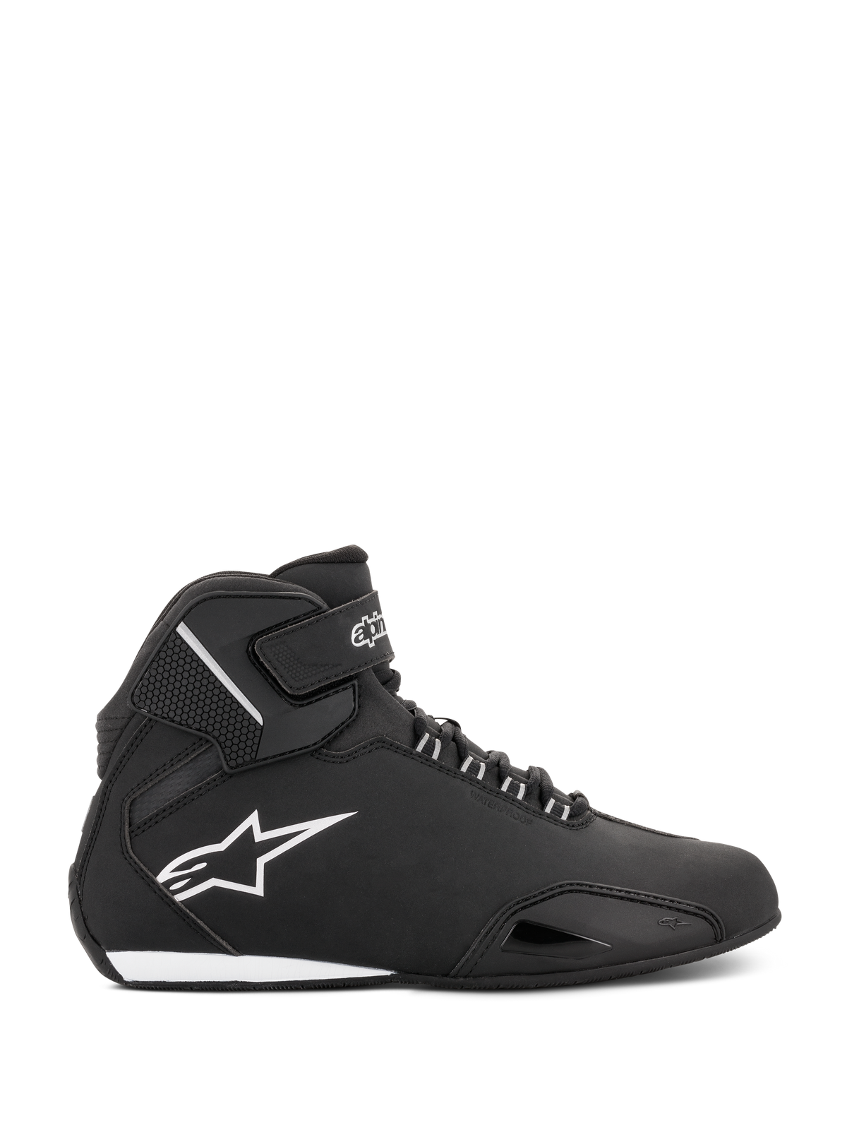 Alpinestars Women Stella Sektor Waterproof Shoes, Black and Silver, side profile of a high-top motorcycle riding shoe featuring a lightweight microfiber chassis, white Astars logo, and secure lace and strap closure