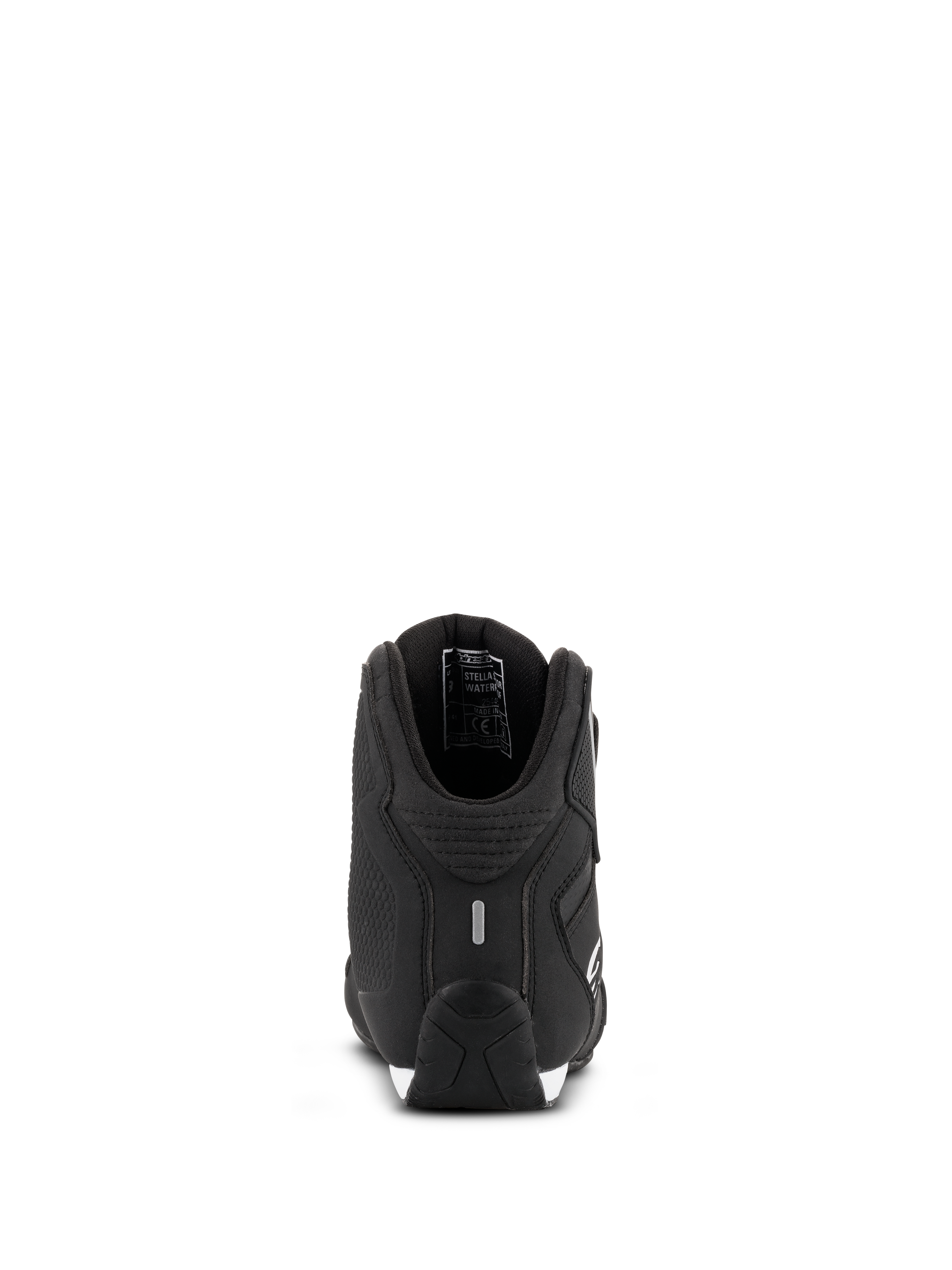 Alpinestars Women Stella Sektor Waterproof Shoes, Motorcycle Riding Shoes, Black Silver, rear view showing reinforced heel and reflective detail, lightweight microfiber chassis with waterproof membrane lining