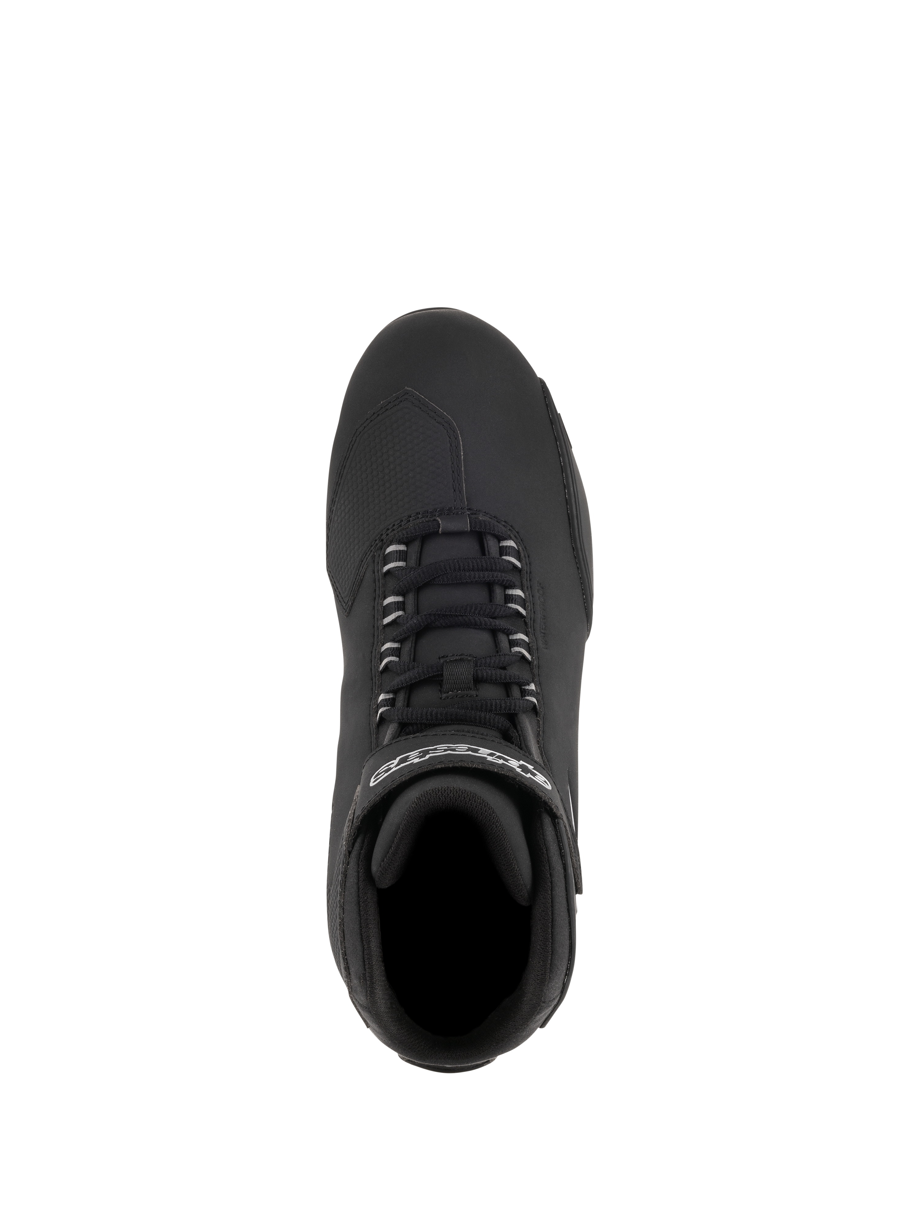Alpinestars Stella Sektor Waterproof Shoes, Women's Motorcycle Riding Shoes, Black Silver, top-down view showing speed lace system and branded strap, microfiber upper with textured shift pad for road riding