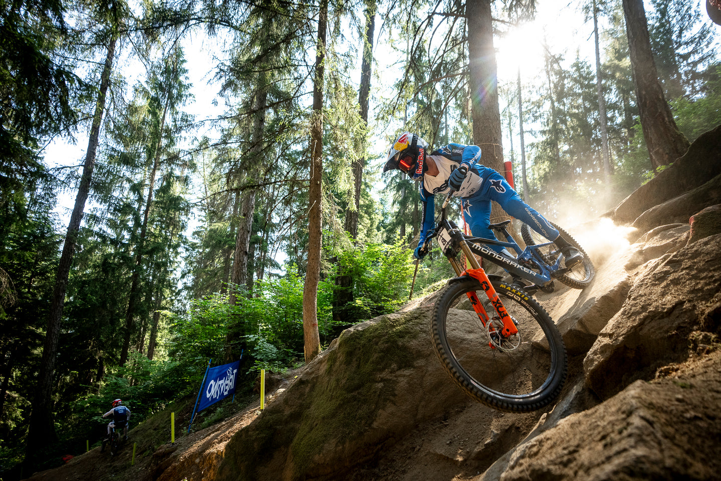 Ronan Dunne racing downhill wearing Alpinestars MTB clothing and protections