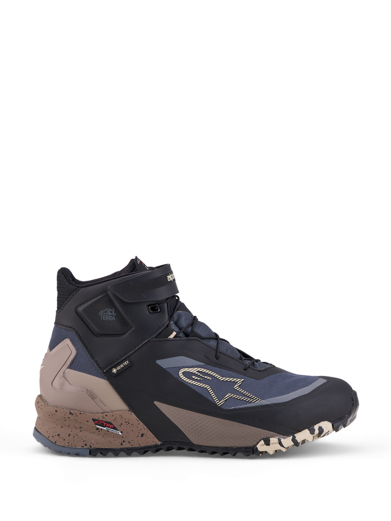 Alpinestars Cr-X Gore-Tex Shoes, waterproof motorcycle riding shoes, Black, Dark Gray, and Beige, featuring GORE-TEX membrane, TPF protection, and high-top lacing
