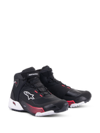 Alpinestars CR-X Women's Drystar® Riding Shoes, Motorcycle Riding Shoes, Black White and Diva Pink, front three-quarter view, ripstop upper with white Alpinestars logo, pink accents on the midsole and lace eyelets, sleek and protective design for touring