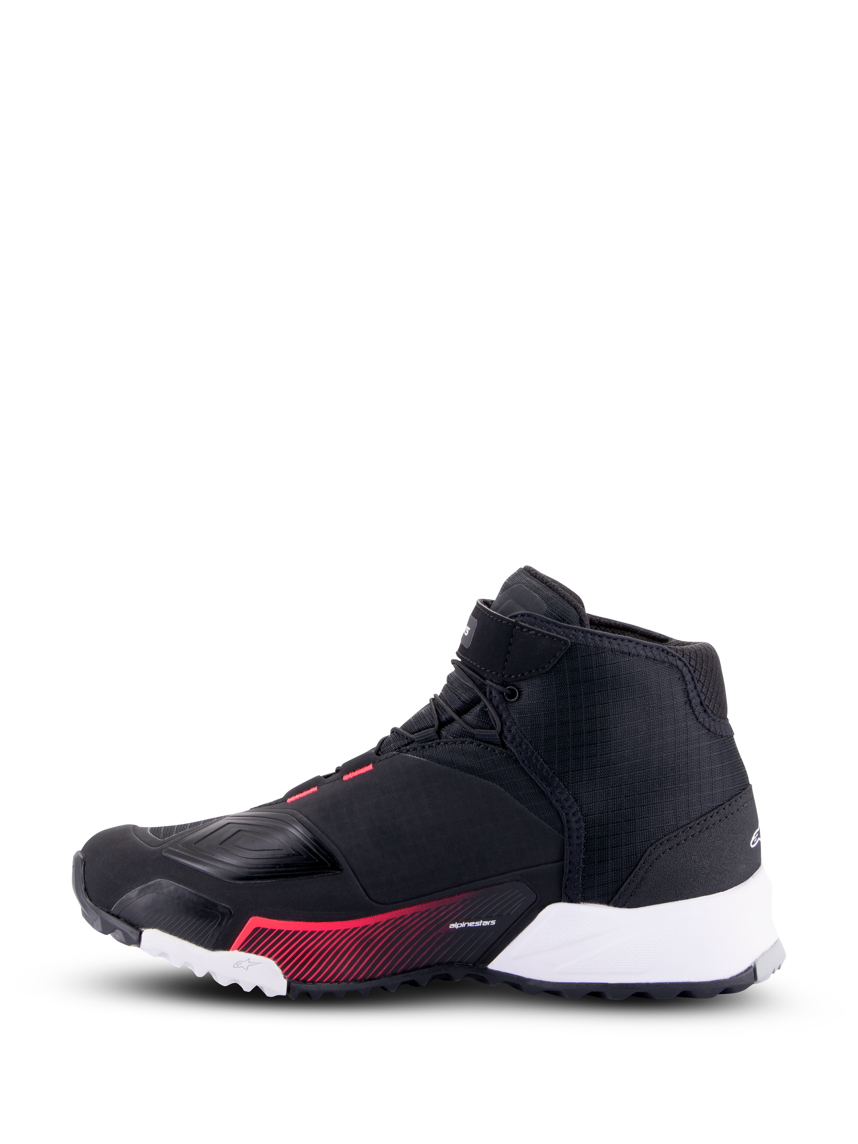 Alpinestars CR-X Women's Drystar® Riding Shoe, Motorcycle Riding Shoe, Black White and Diva Pink, side profile view showing a black ripstop upper, white heel section, and pink graphic accents, urban style with protective features
