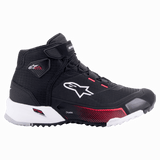 Alpinestars CR-X Women's Drystar® Riding Shoe, Black White Diva Pink, side profile of a lightweight motorcycle shoe featuring a waterproof textile upper, white Alpinestars logo, and vibrant pink accents on the midsole and lace eyelets.