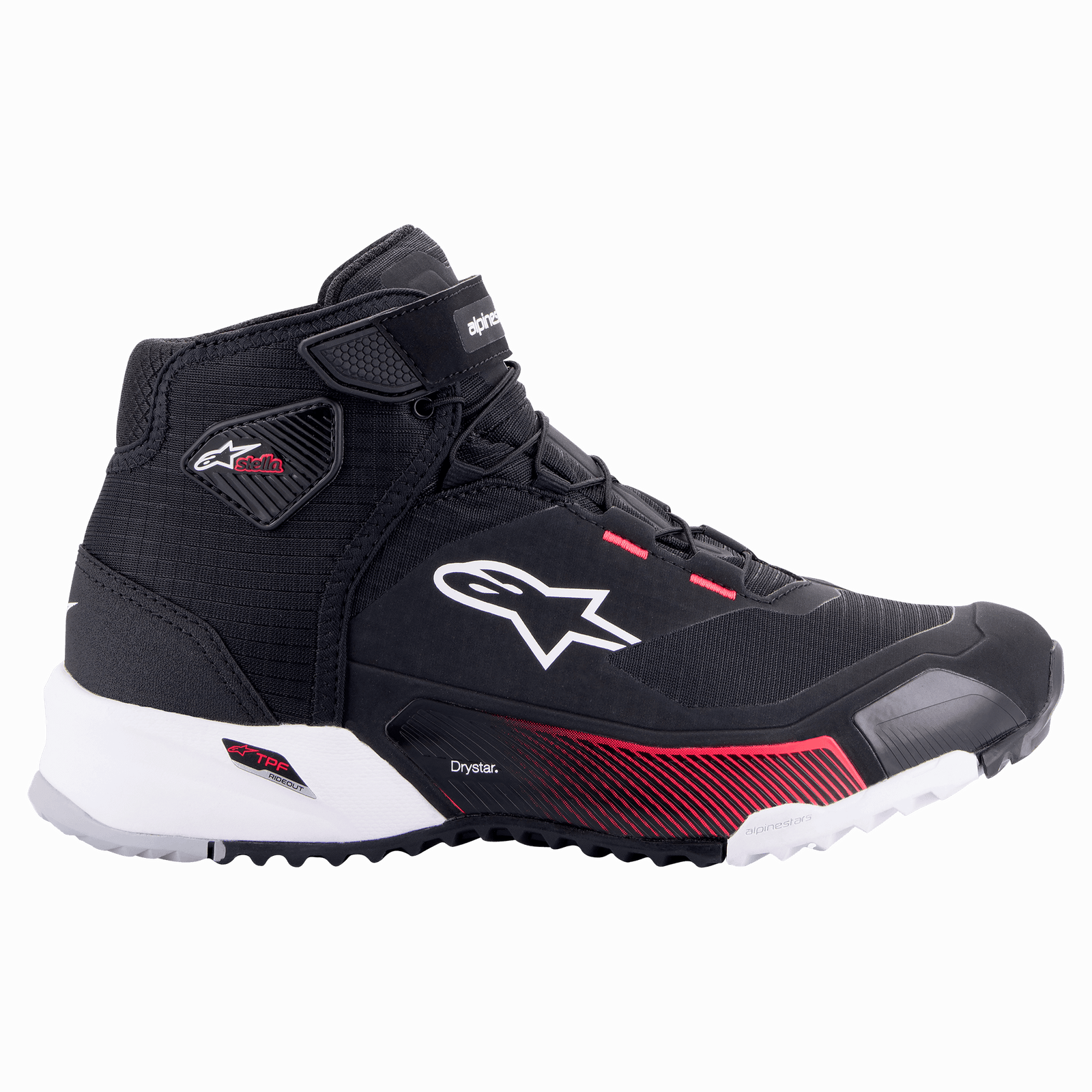 Alpinestars CR-X Women's Drystar® Riding Shoe, Black White Diva Pink, side profile of a lightweight motorcycle shoe featuring a waterproof textile upper, white Alpinestars logo, and vibrant pink accents on the midsole and lace eyelets.