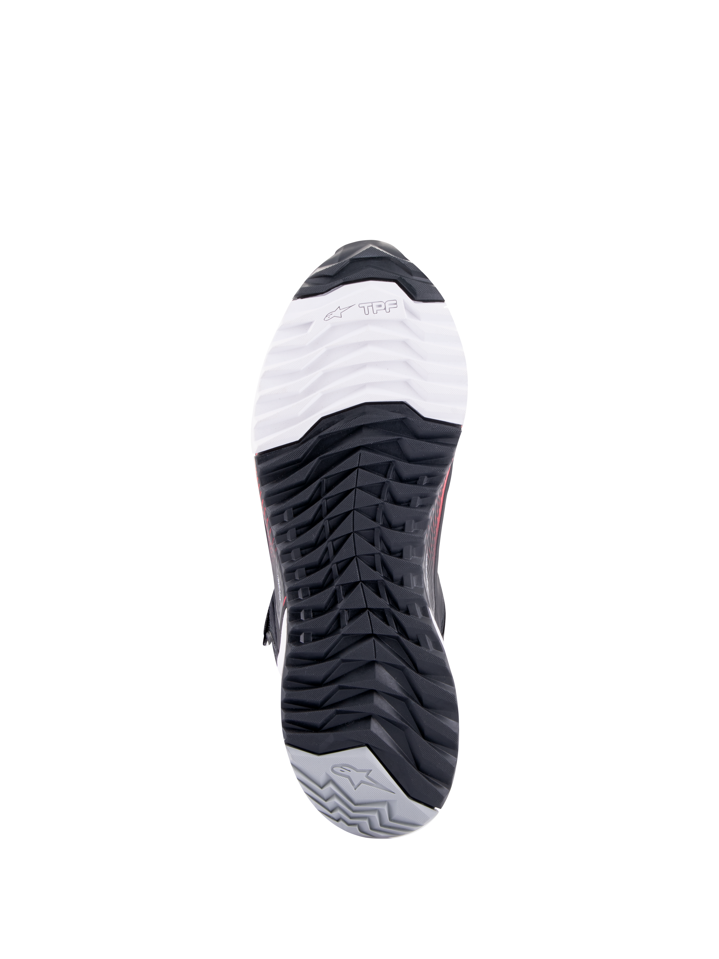 Alpinestars CR-X Women's Drystar® Riding Shoe, Motorcycle Riding Shoe, bottom view of the outsole, featuring TPF Transversal Protection Frame branding on a white toe section, black multi-directional tread pattern, and grey heel with star logo.