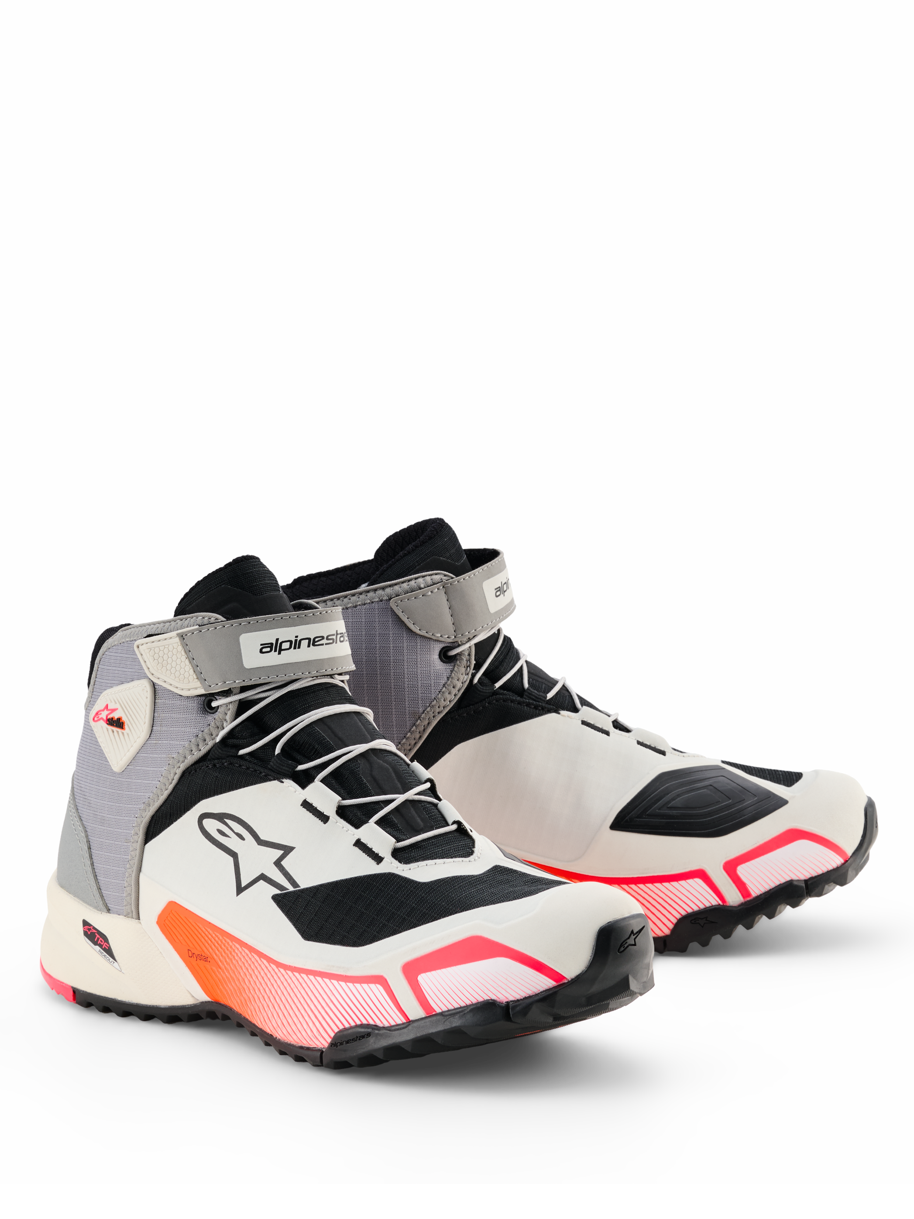 Alpinestars CR-X Women's Drystar® Riding Shoes, Motorcycle Riding Shoes, White Mid Gray Black Diva Pink, sleek athletic silhouette with vibrant pink gradient accents, velcro ankle straps, and Astar logo on the side, waterproof protective footwear for road riding