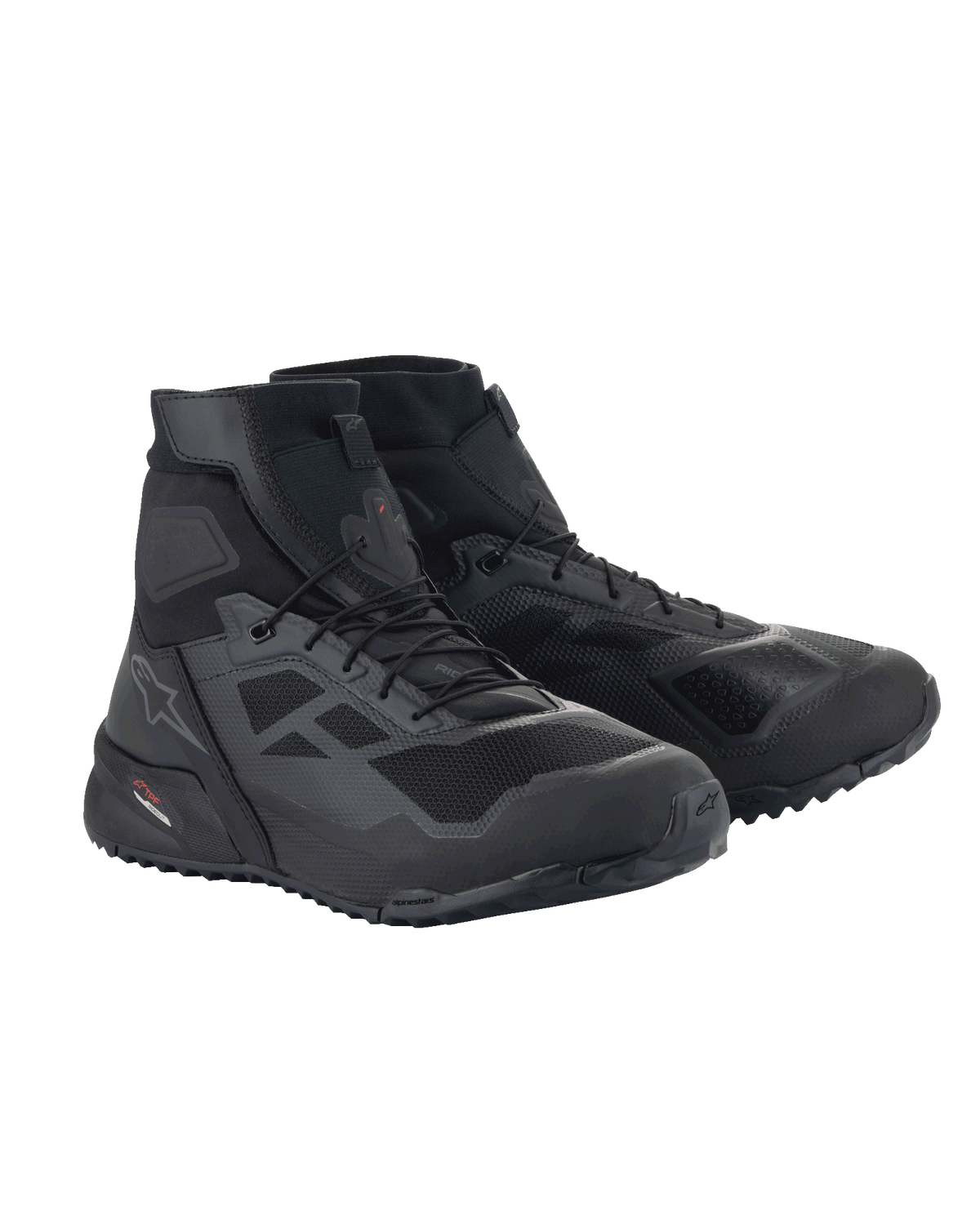 Alpinestars CR-1 Shoes, Motorcycle Riding Shoes, Black and Dark Gray, High-top silhouette with microfiber and 3D mesh, geometric structural patterns, rugged grip sole, sporty urban design