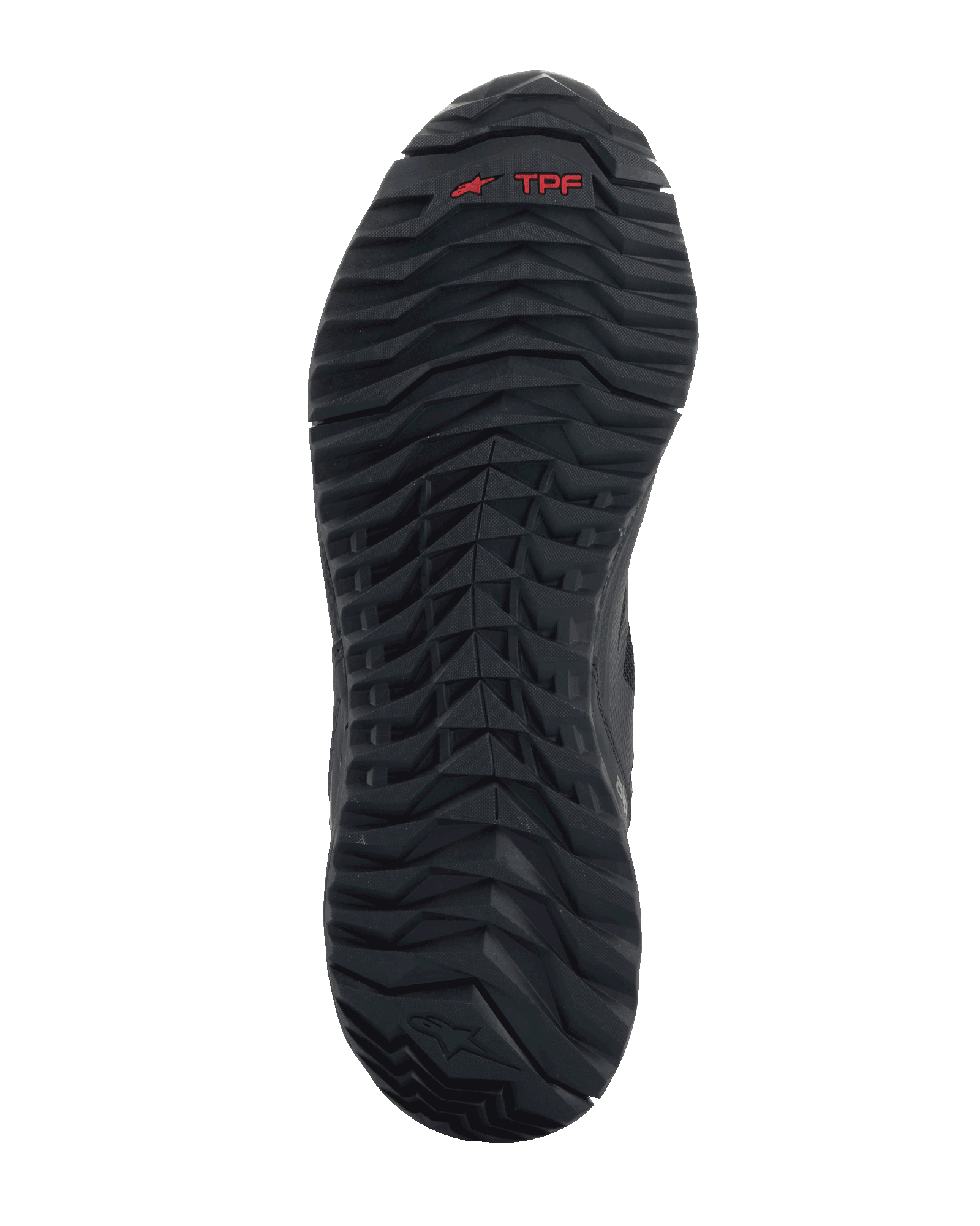Alpinestars CR-1 Shoes, Motorcycle Riding Shoes, Black and Dark Gray, bottom view of the rubber sole featuring an aggressive tread pattern, red TPF logo, and embossed star emblem, engineered for road and sport riding.