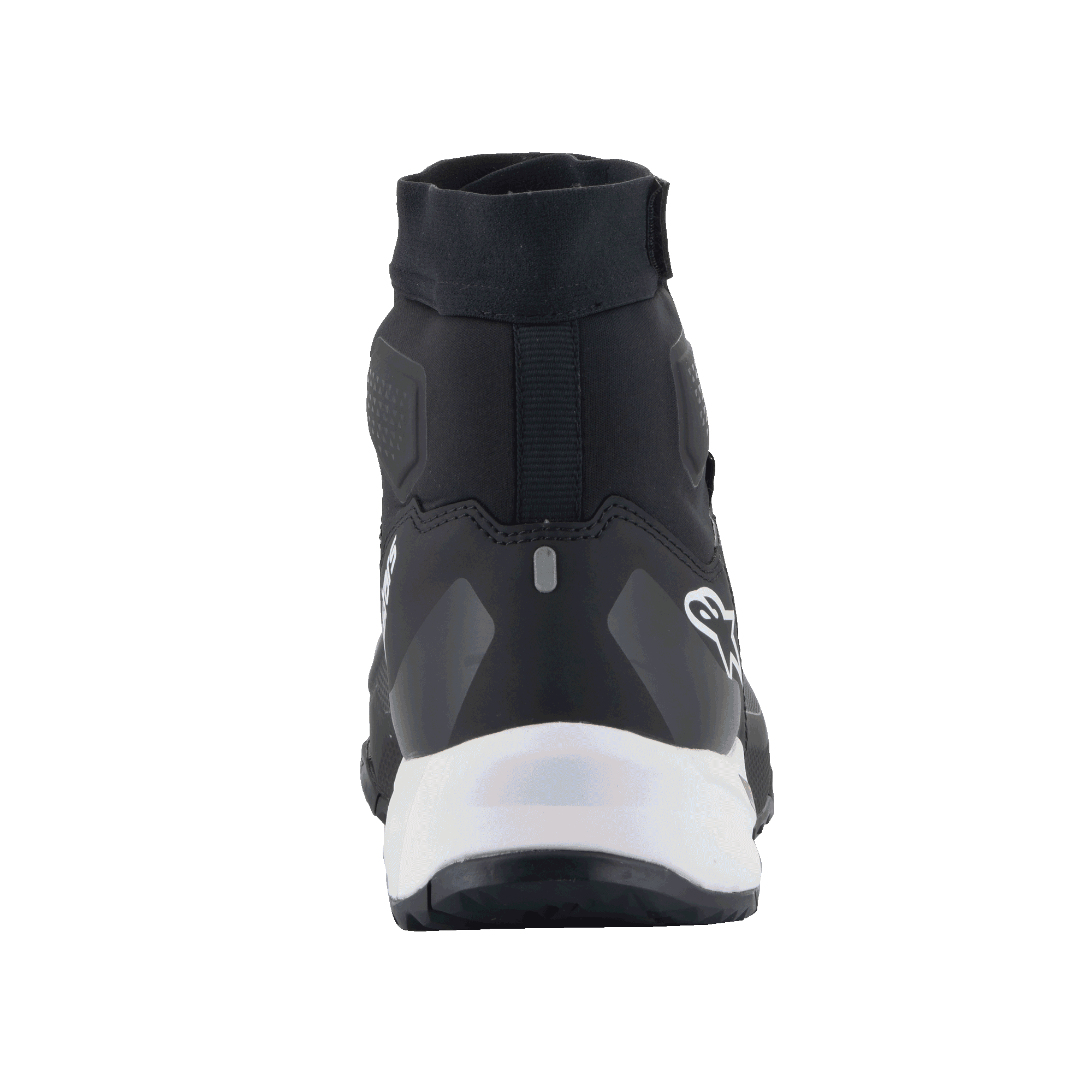Alpinestars CR-1 Shoes, Motorcycle Riding Shoes, Black and White, rear view highlighting the heel and ankle structure, white midsole and black upper, breathable textile and microfiber materials for warm weather riding.