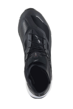 Alpinestars CR-1 Shoes, Motorcycle Riding Shoes, Black and White, top-down view showing breathable 3D mesh panels, microfiber construction, and secure lacing system, designed for warm weather touring and sport riding