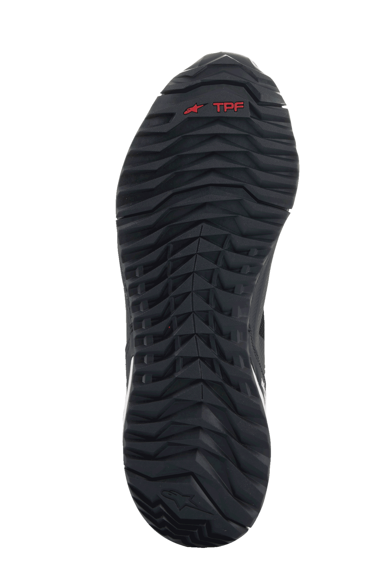 Alpinestars CR-1 Shoes, Black and White, bottom view showing the textured black sole with a red TPF logo and deep tread pattern for motorcycle riding grip.