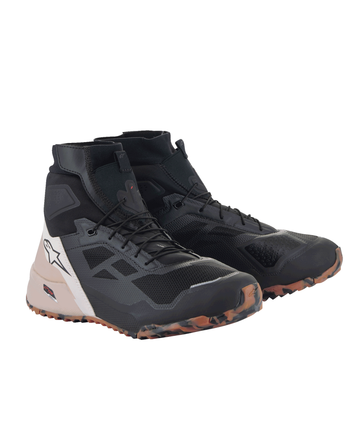 Alpinestars CR-1 Shoes, Black and Light Brown motorcycle riding shoes, high-top design with 3D mesh and microfiber construction, multicolored orange and brown camouflage sole, white star logo on the heel, technical urban footwear for touring and sport riding