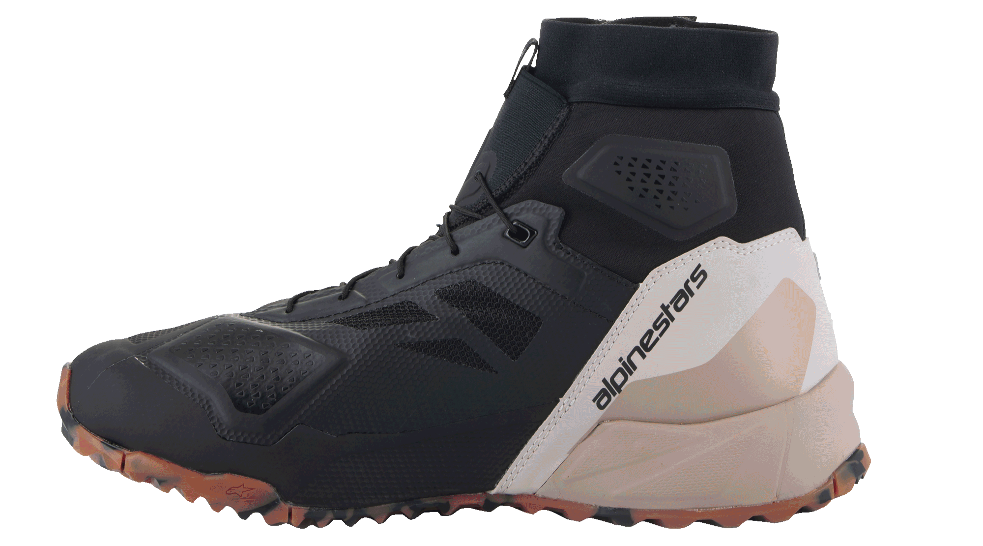 Alpinestars CR-1 Shoes, Motorcycle Riding Shoes, Black and Light Brown, high-top design featuring breathable 3D mesh and textile panels, Alpinestars branding on the heel, textured brown gum sole, technical footwear for warm weather riding