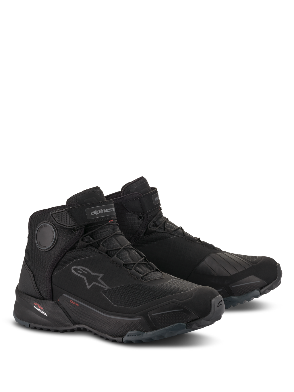 Alpinestars CR-X Drystar® Riding Shoes, Waterproof Motorcycle Shoes, Black Black, athletic design with running shoe fit, featuring internal ankle discs, gear shift reinforcement, and rugged rubber outsole for urban riding and walking comfort