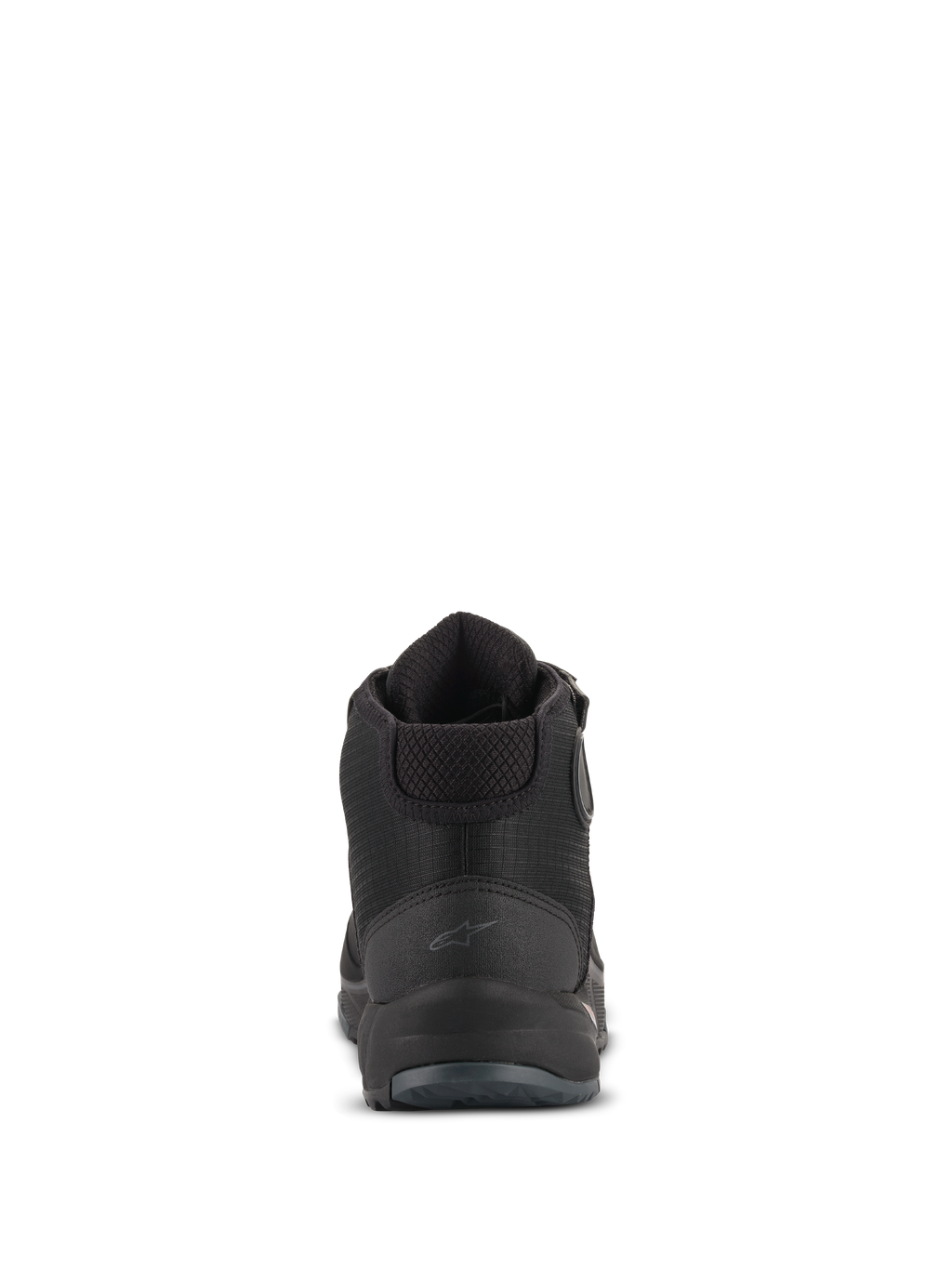 Alpinestars CR-X Drystar® Riding Shoes, Rear View, Black, featuring a subtle Astars logo on the heel, padded ankle collar, and textured heel counter, waterproof motorcycle footwear for road and urban use