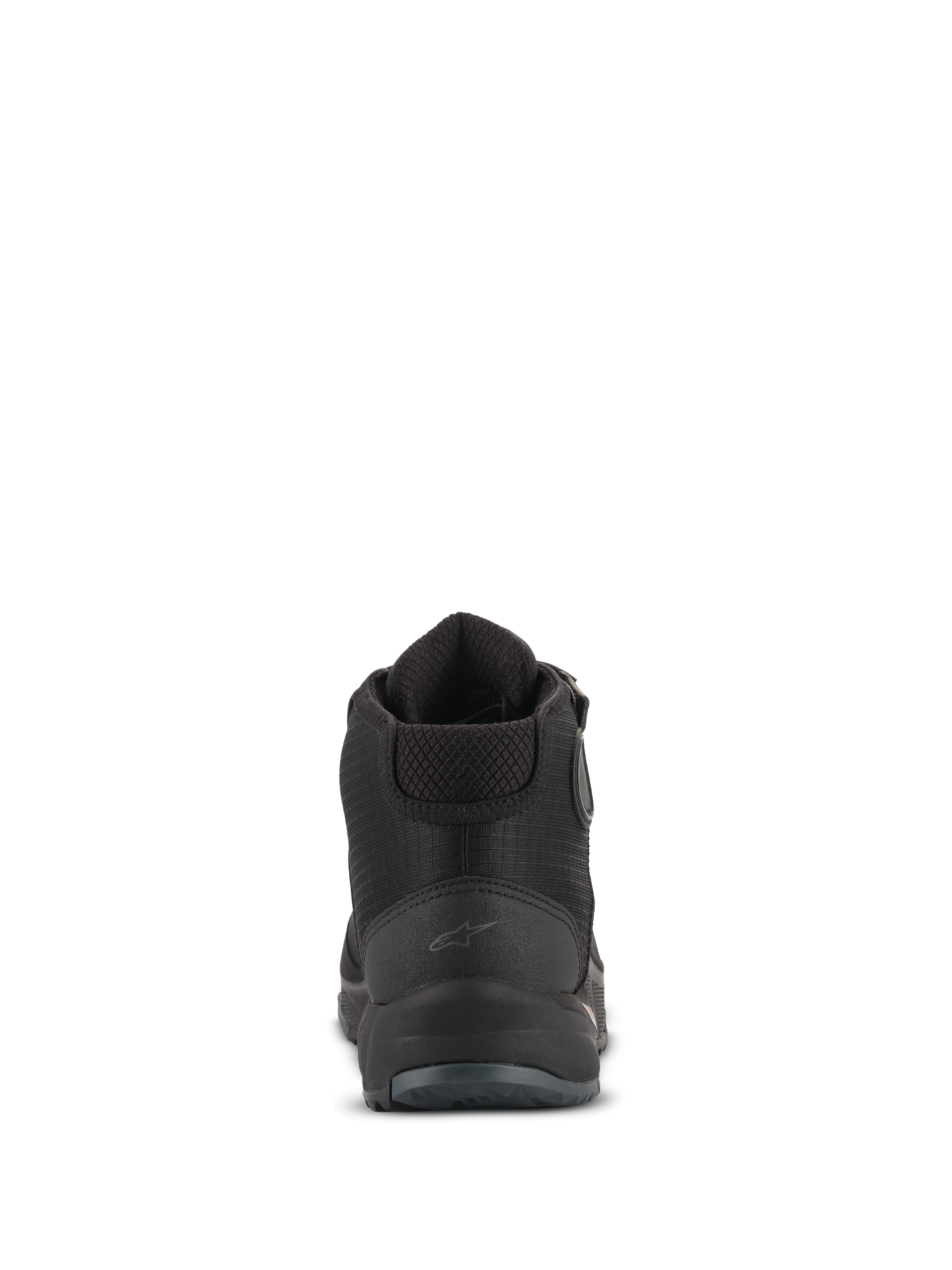 Alpinestars CR-X Drystar® Riding Shoes, Rear View, Black, featuring a subtle Astars logo on the heel, padded ankle collar, and textured heel counter, waterproof motorcycle footwear for road and urban use