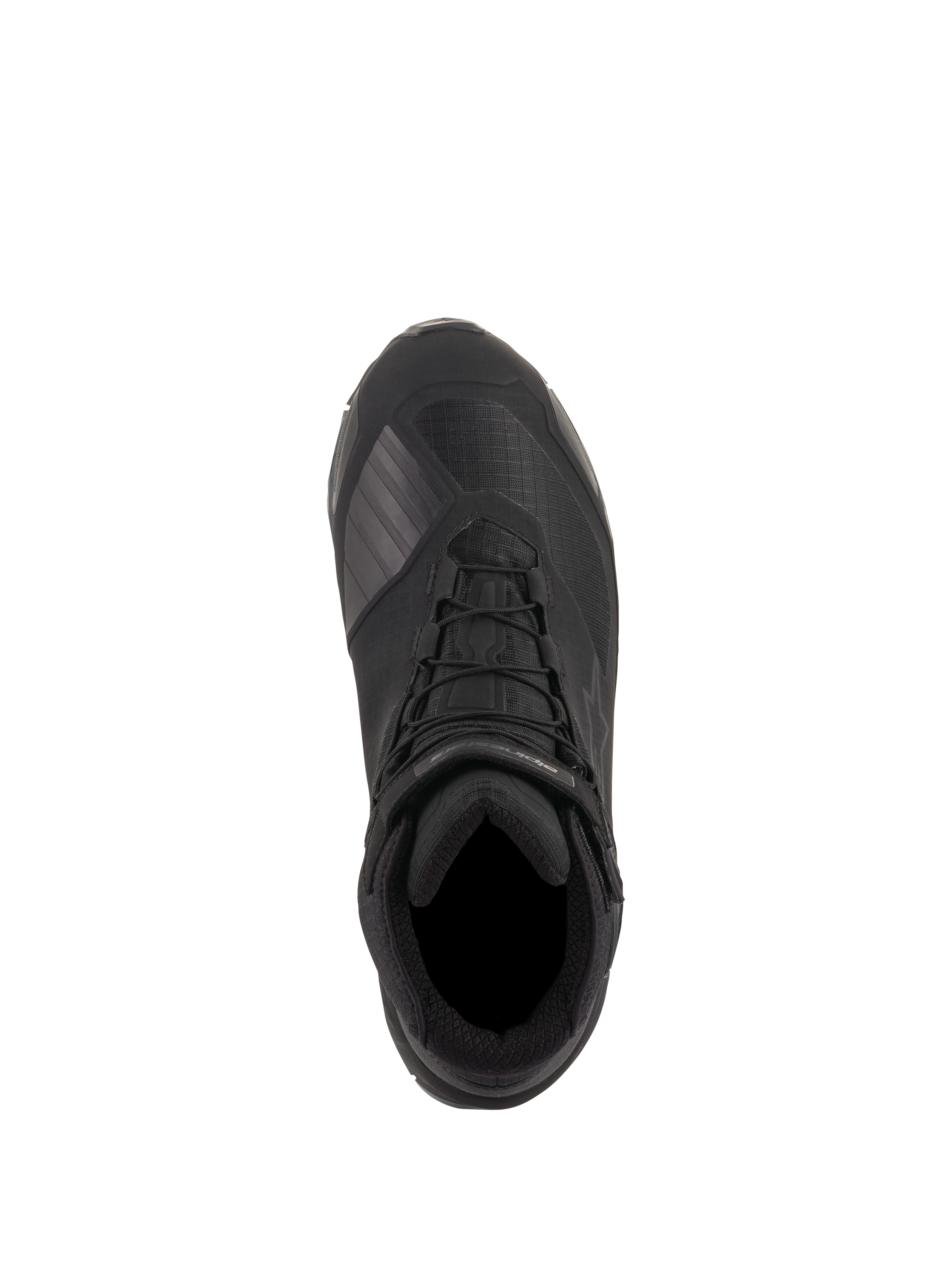 Alpinestars CR-X Drystar® Riding Shoes, Black, top-down view showing technical textile construction, integrated laces with ankle strap, and protective TPU gear shift zone, waterproof motorcycle footwear designed for all-day comfort.