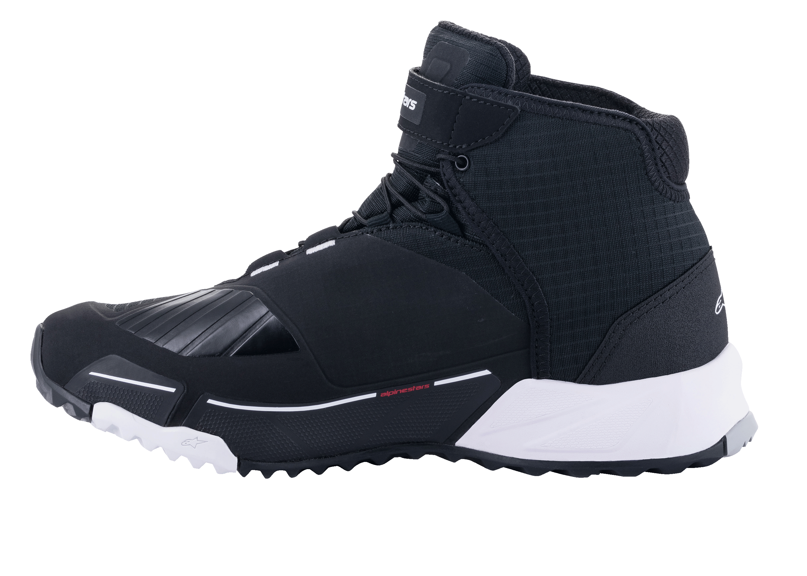 Alpinestars CR-X Drystar® Riding Shoes, Motorcycle Riding Shoes, Black and White, side profile featuring a running-shoe inspired design with a waterproof textile upper, white EVA midsole, and reinforced gear shift area on the toe.