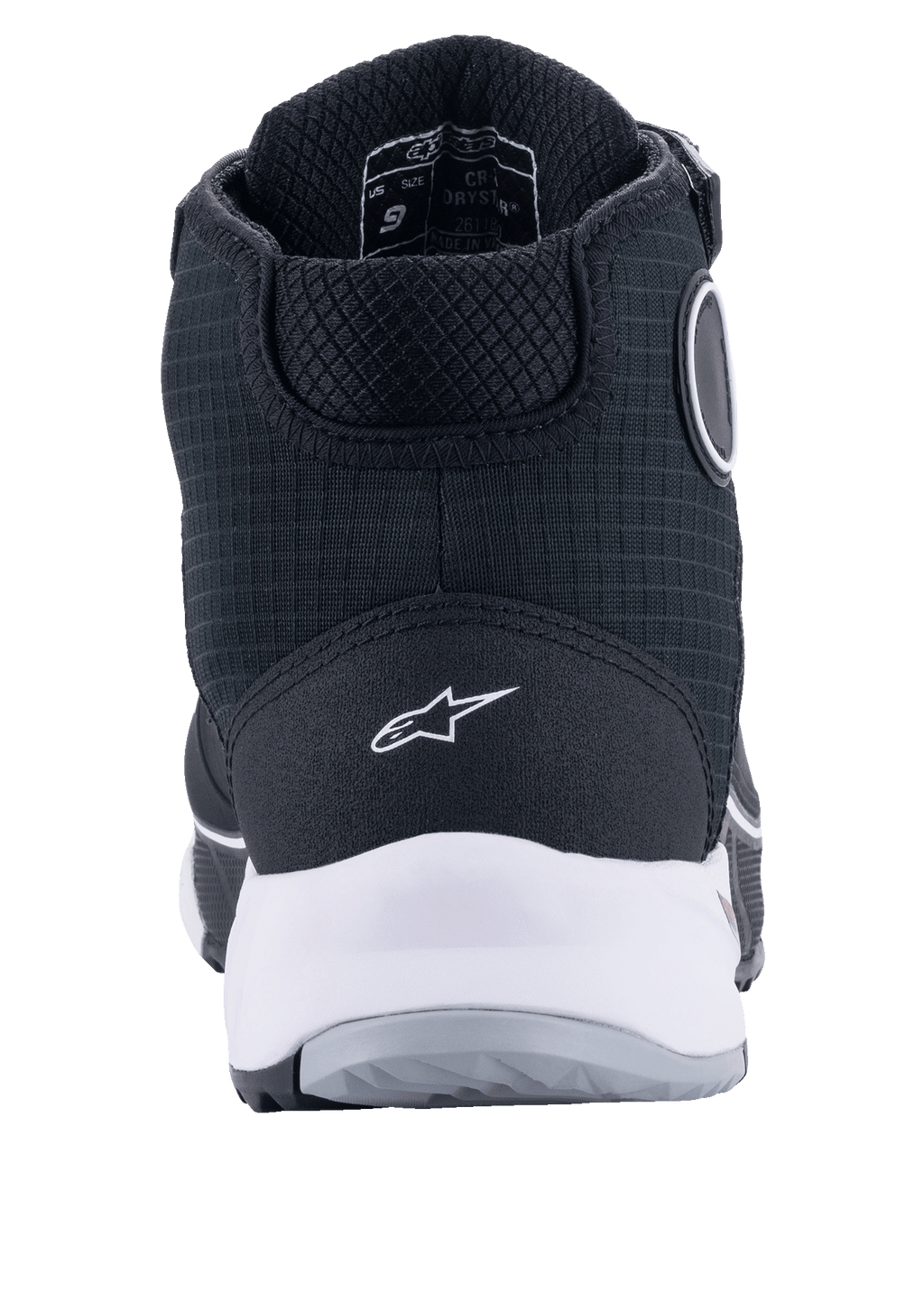 Alpinestars CR-X Drystar® Riding Shoes, Black and White, rear view showing white midsole and heel logo, textured textile upper with protective high-top construction, designed for waterproof motorcycle riding and walking comfort