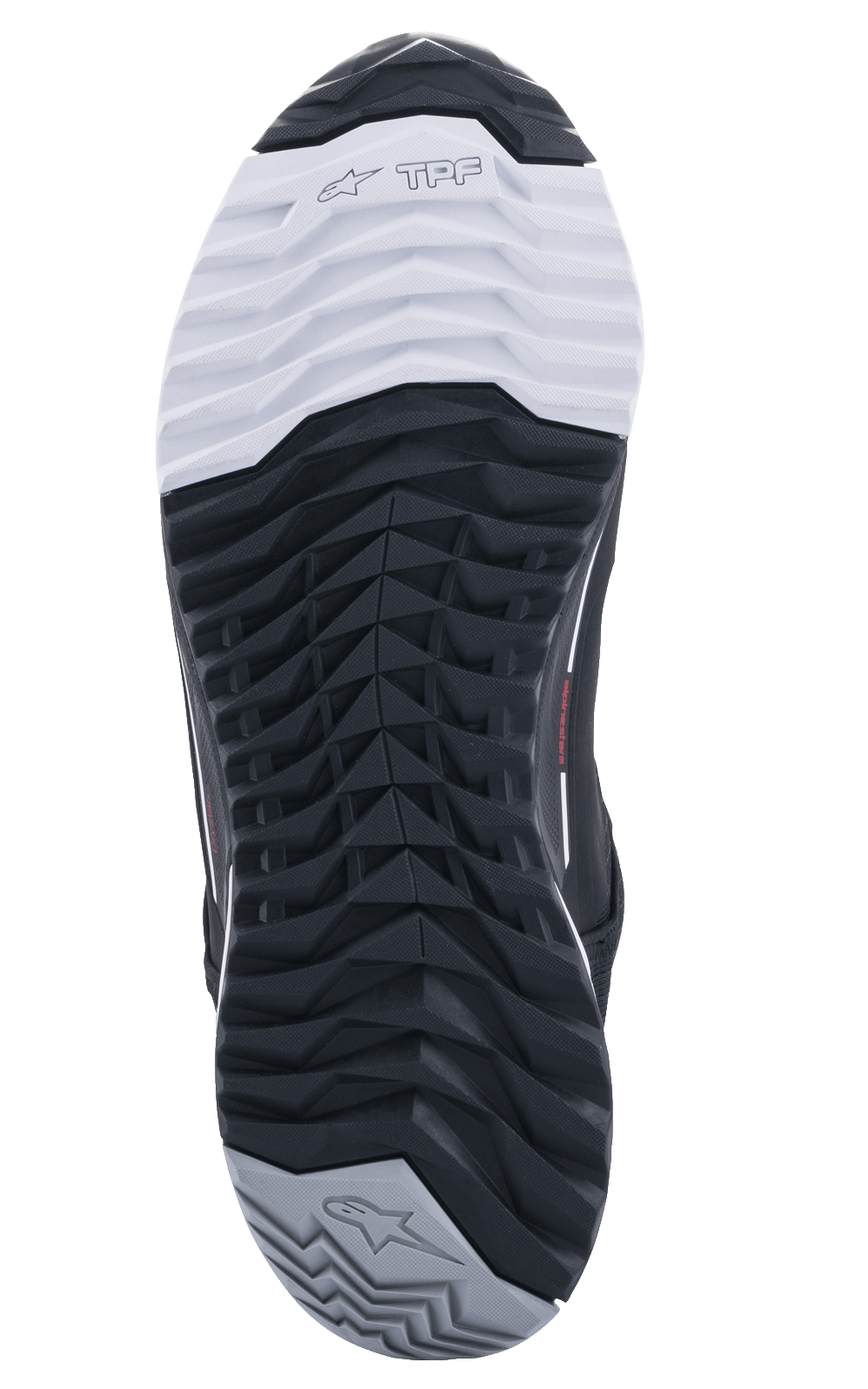 Alpinestars CR-X Drystar® Riding Shoes, outsole view, black white and grey dual rubber compound sole, asymmetric stud pattern for grip, featuring TPF branding and star logos