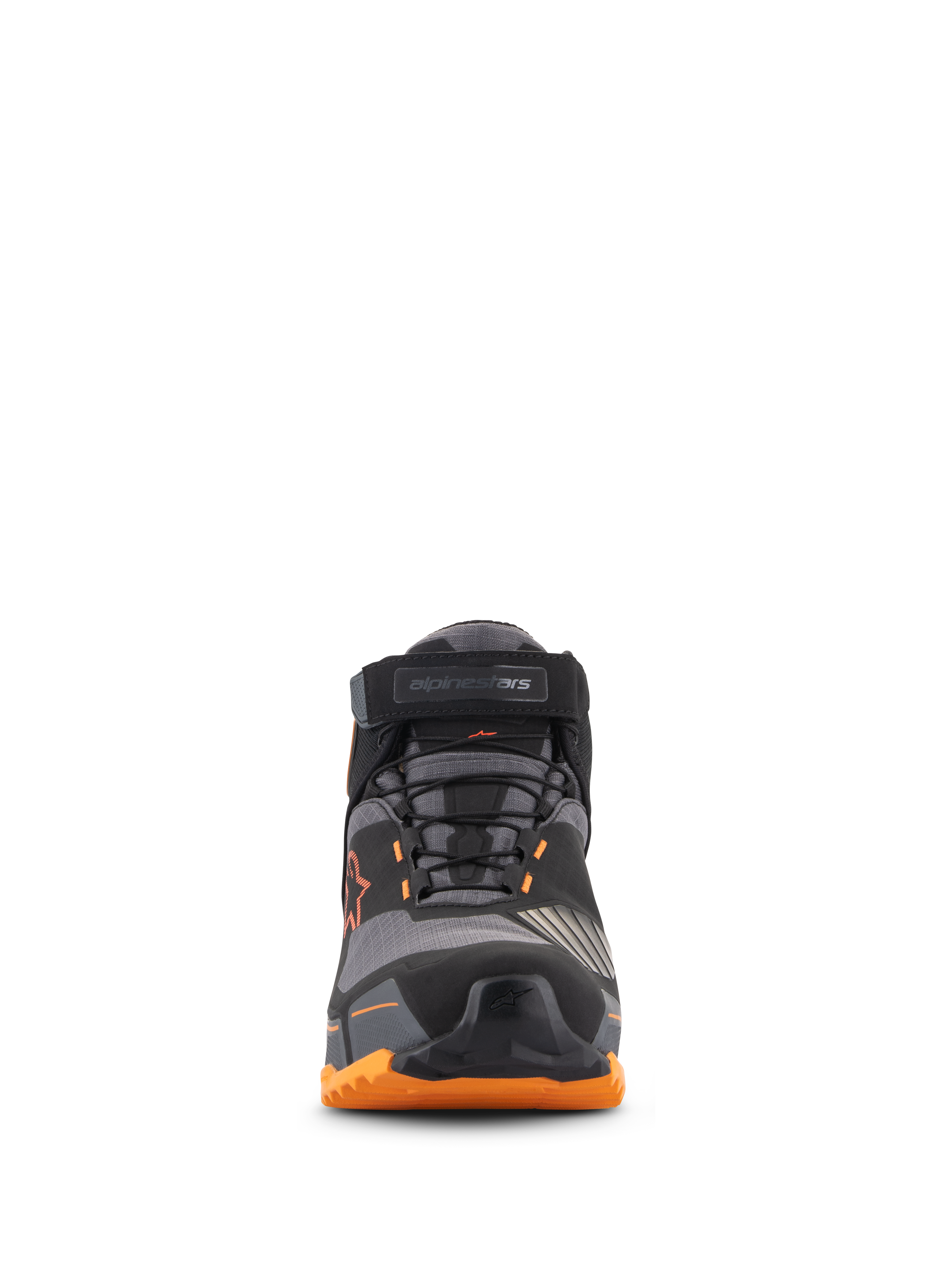 Alpinestars CR-X Drystar® Riding Shoes, Front view, Black Light Brown and Orange, featuring a secure lacing system with a top ankle strap, protective toe cap, and a rugged orange sole, waterproof urban motorcycle footwear