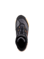 Alpinestars CR-X Drystar® Riding Shoes, top-down view, Black Light Brown Orange colorway, athletic-style motorcycle footwear featuring black laces, orange accents, and a light brown sole, waterproof protective gear for road and urban riding.