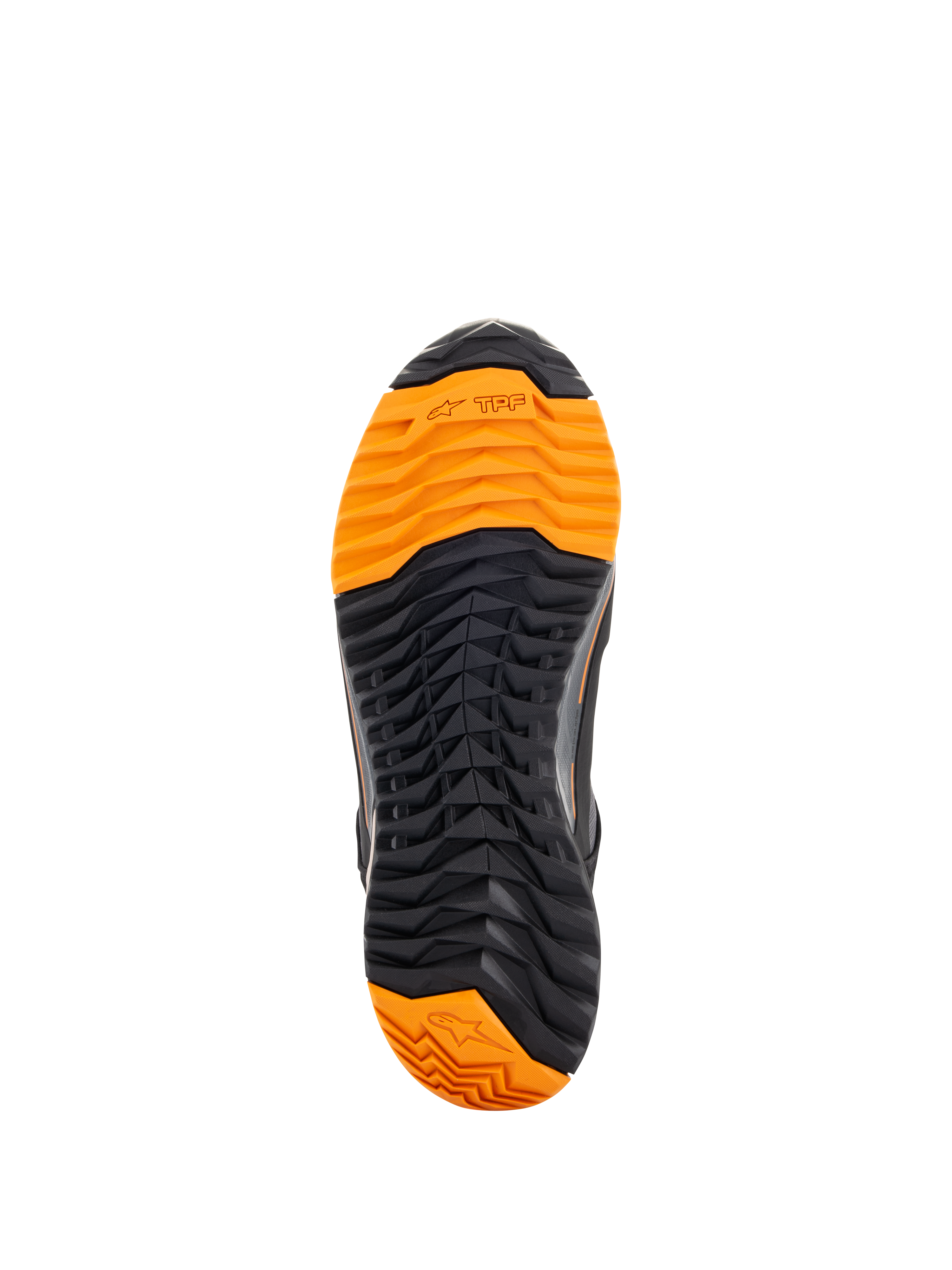 Alpinestars CR-X Drystar® Riding Shoes, bottom view of the sole, black and bright orange tread, aggressive lug pattern for grip, featuring TPF and Alpinestars star logos, designed for motorcycle riding and walking comfort