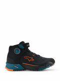 Alpinestars CR-X Drystar Riding Shoes, Motorcycle Urban Riding Shoes, Black Petrol and Orange Fluo, high-top sneaker-style design featuring an orange Alpinestars logo, teal speckled midsole, and rugged waterproof construction.