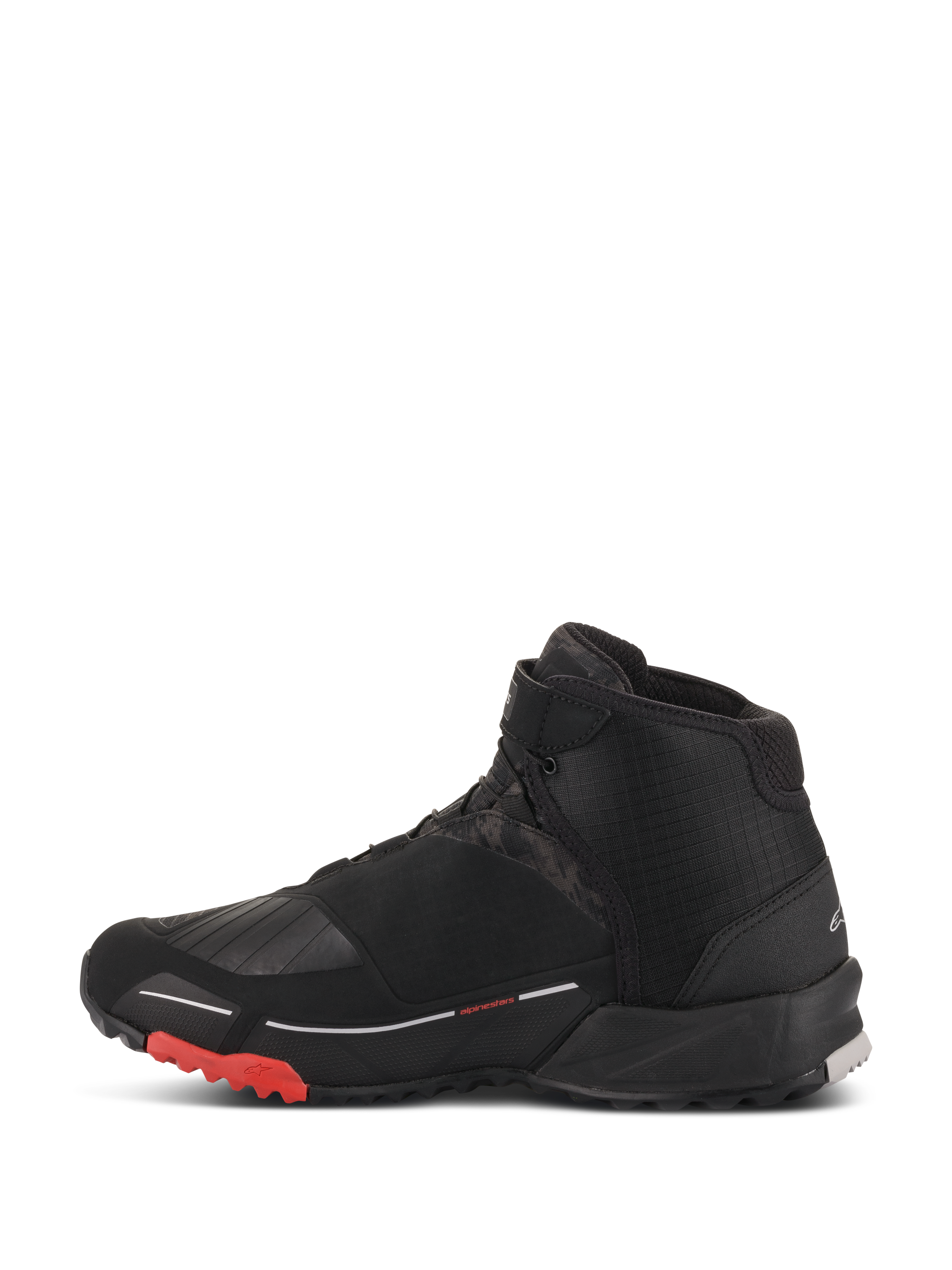 Alpinestars CR-X Drystar® Riding Shoes, Black Camo Red, waterproof motorcycle footwear, side profile view, featuring black textile upper with dark camo pattern panels, red accents on the outer sole, and a running shoe-inspired athletic design.