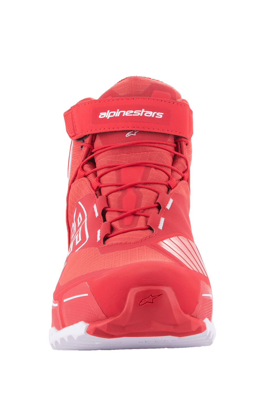 Alpinestars MM93 CR-X Drystar® Riding Shoes, Motorcycle Riding Shoes, Bright Red and White, front view featuring red laces, velcro ankle strap with white Alpinestars logo, and a sporty running-shoe inspired silhouette.