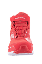 Alpinestars MM93 CR-X Drystar® Riding Shoes, Motorcycle Riding Shoes, Bright Red and White, front view featuring red laces, velcro ankle strap with white Alpinestars logo, and a sporty running-shoe inspired silhouette.