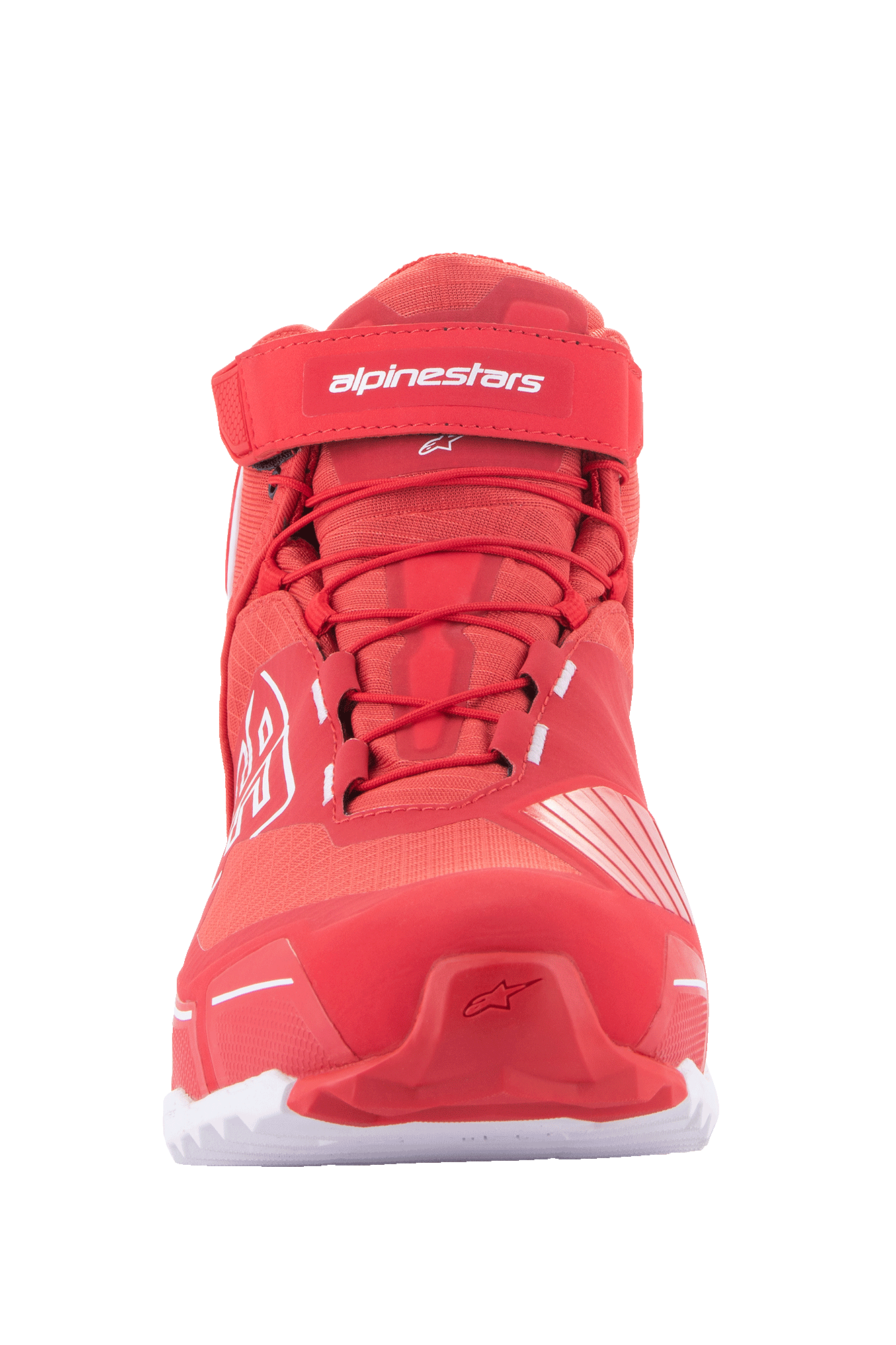 Alpinestars MM93 CR-X Drystar® Riding Shoes, Motorcycle Riding Shoes, Bright Red and White, front view featuring red laces, velcro ankle strap with white Alpinestars logo, and a sporty running-shoe inspired silhouette.
