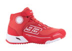 Alpinestars MM93 CR-X Drystar Riding Shoes, Motorcycle Urban Footwear, Bright Red and White, high-top design featuring Marc Marquez's number 93, waterproof Drystar technology, textured fabric upper with white EVA midsole and red rubber sole, Velcro strap and lace closure