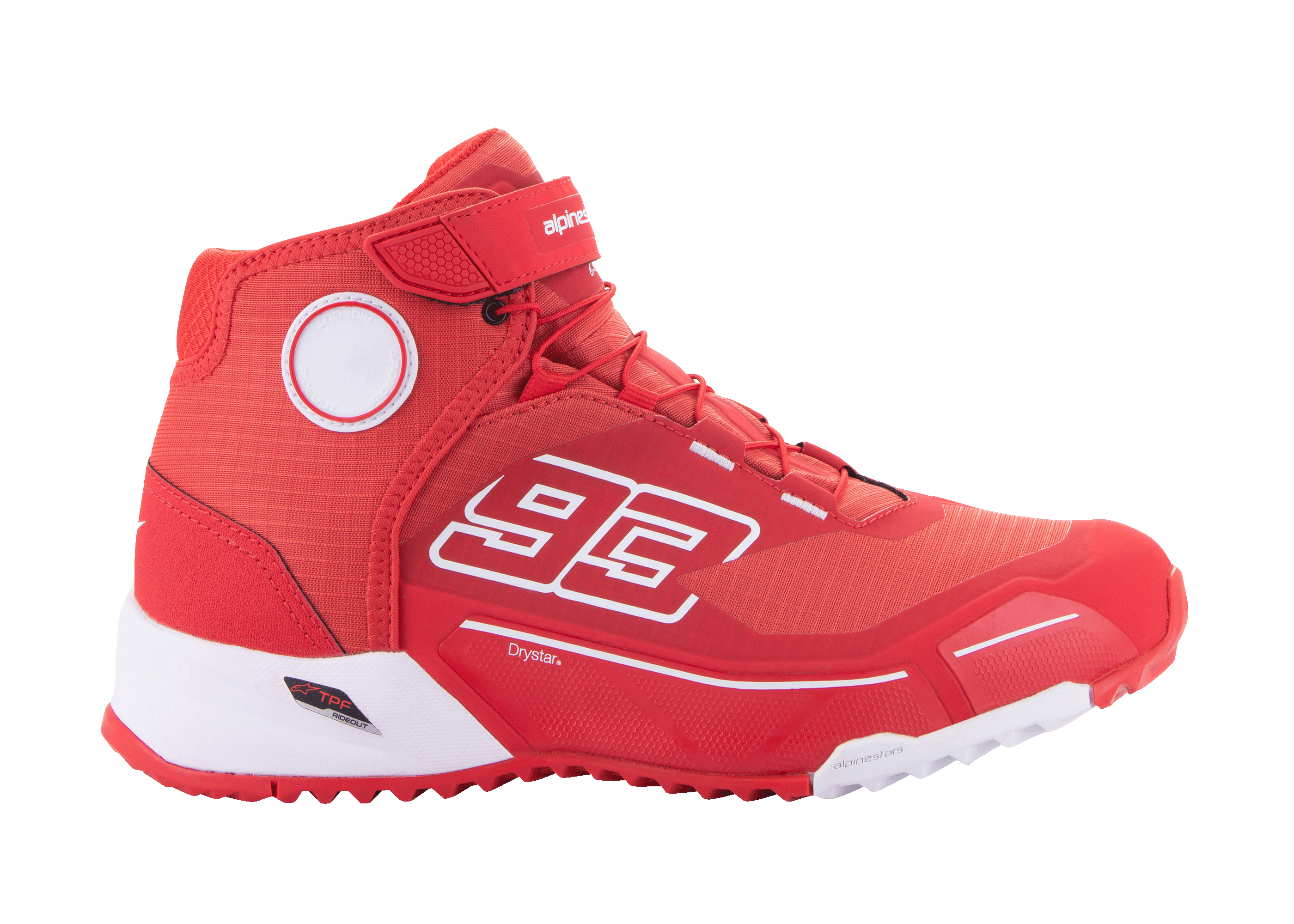 Alpinestars MM93 CR-X Drystar Riding Shoes, Motorcycle Urban Footwear, Bright Red and White, high-top design featuring Marc Marquez's number 93, waterproof Drystar technology, textured fabric upper with white EVA midsole and red rubber sole, Velcro strap and lace closure