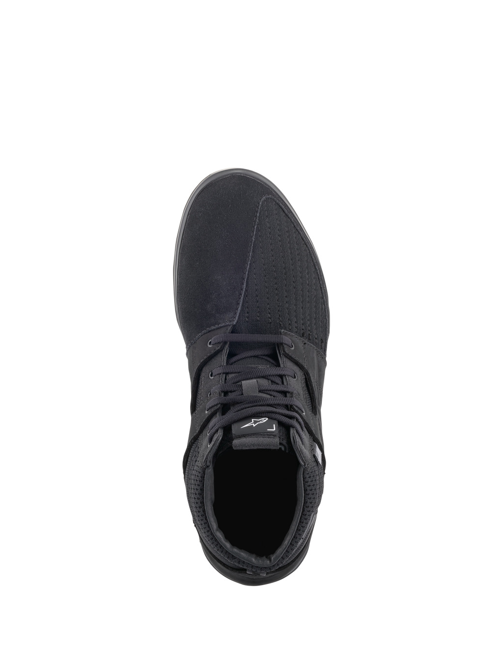 Alpinestars Primer Riding Shoes, Black, top-down view, casual urban motorcycle footwear featuring a mixed-material upper with suede and mesh panels, lace-up closure, and a white Alpinestars logo on the tongue