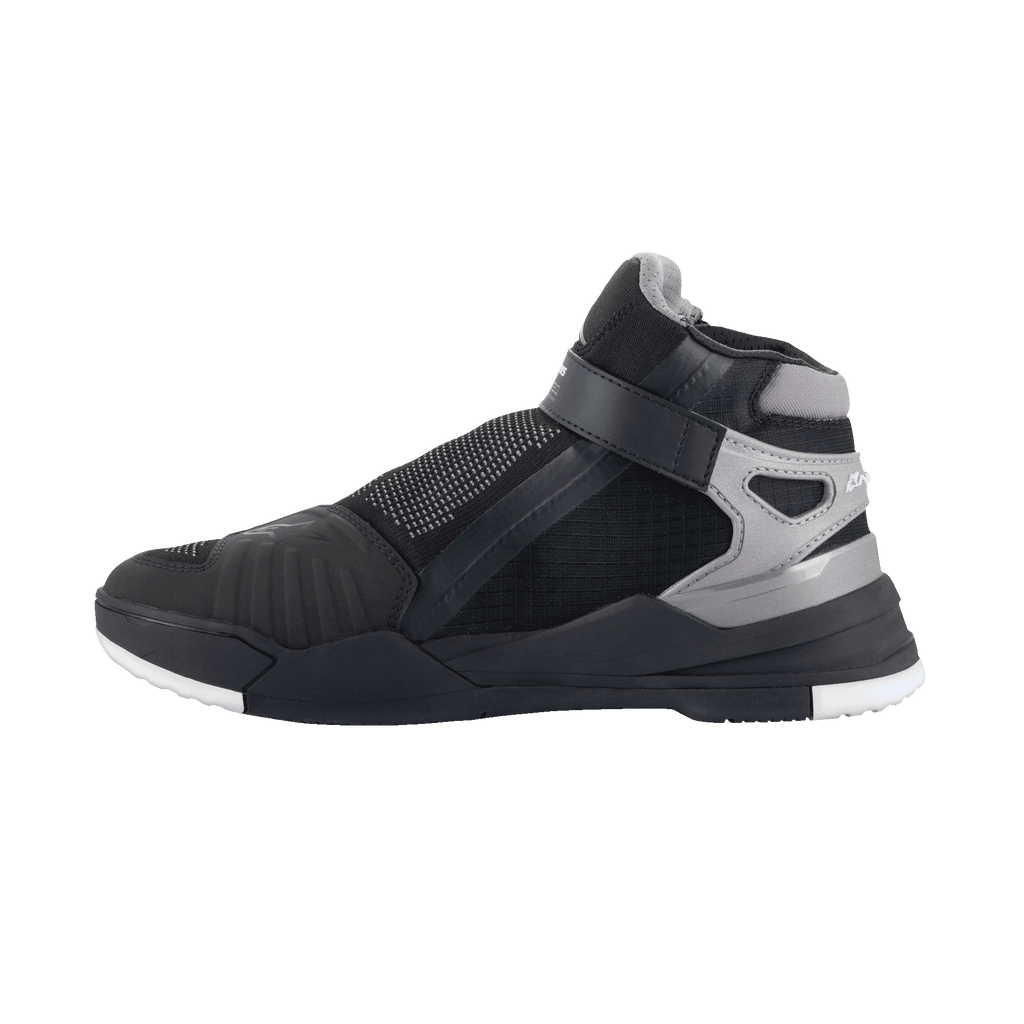 Alpinestars Speedflight Street Shoes, urban motorcycle riding shoes, Black and Gun Metal, side profile view featuring mesh upper, TPU reinforcements, and lateral strap closure, sporty sneaker-inspired design