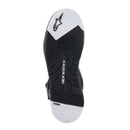 Alpinestars Speedflight Street Shoes, sole view, Black and White dual density rubber outsole with tapered tread pattern, featuring Alpinestars logo and TPF branding, urban motorcycle footwear