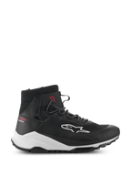 Alpinestars Speedforce XR Shoes, Black and White High-Top Motorcycle Sneakers, Urban Riding Footwear, Side Profile with Mesh Textile Upper, White Side Logo, Thick White Midsole with Alpinestars Branding, and Red Urban Series Text on the Heel