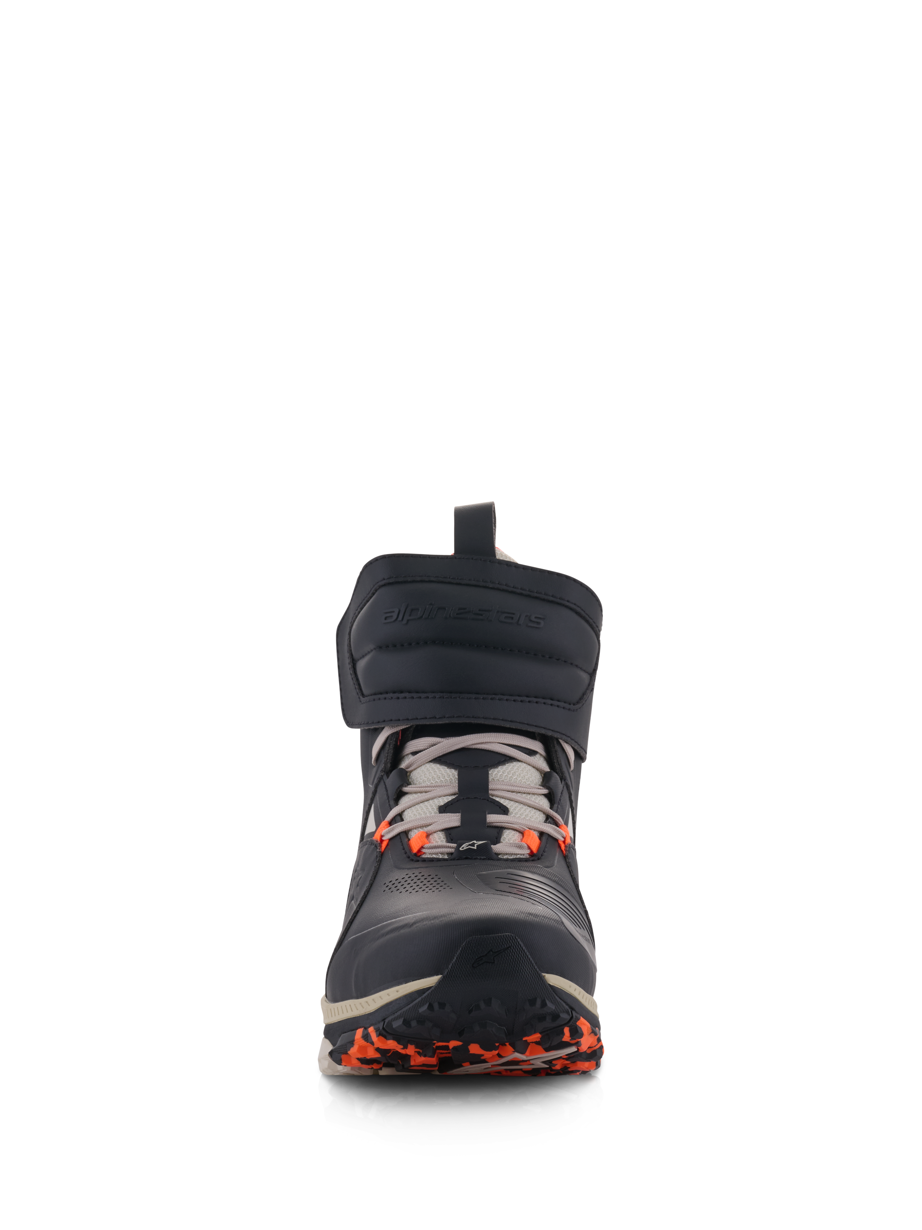 Alpinestars Speedstreet Shoes, Urban Motorcycle Riding Shoes, Black Almond and Hot Orange, front view featuring a large hook-and-loop ankle strap, lace-up closure, and orange accents on the sole