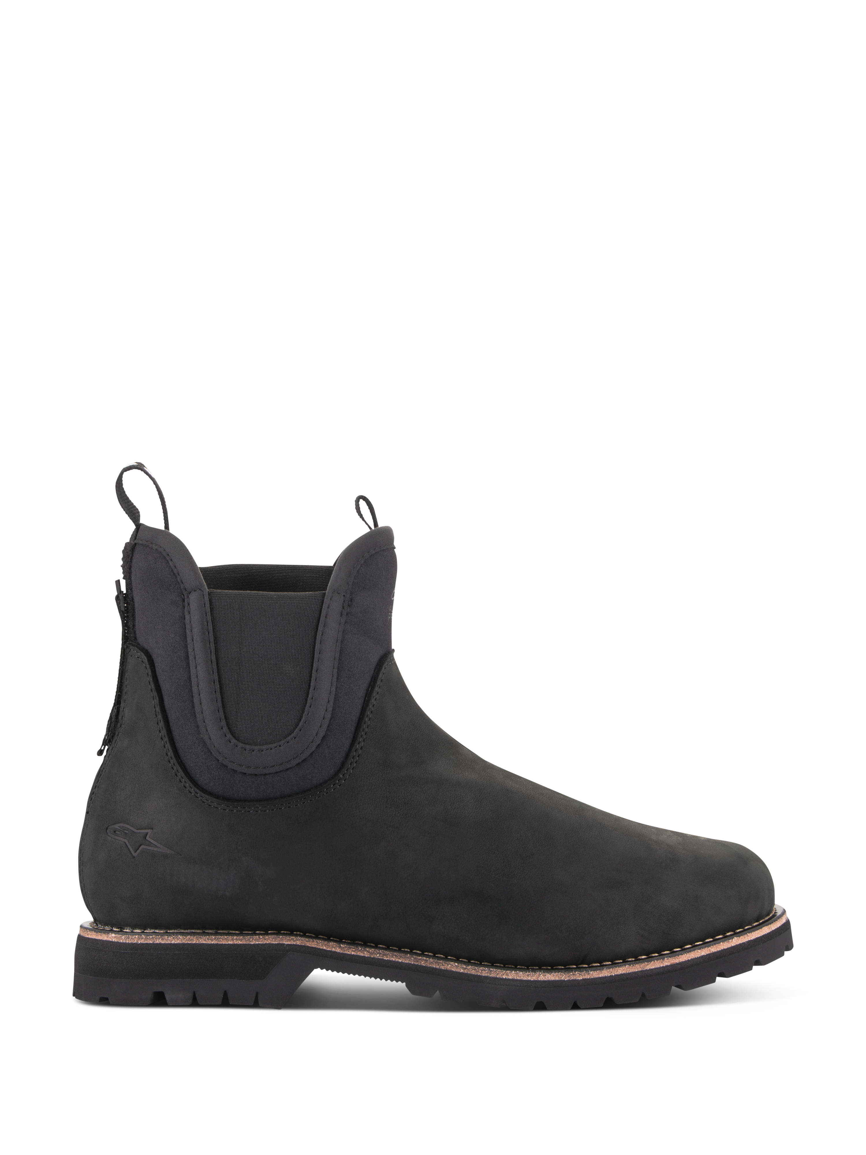 Alpinestars Turnstone Shoes in Black, Chelsea-style motorcycle ankle boots, matte bovine leather with elastic side panels, thick lugged sole featuring a brown welt detail, dual pull tabs, protective urban riding footwear.
