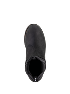 Alpinestars Turnstone Shoes, Black Black, top-down view of a bovine leather urban motorcycle riding shoe featuring an elasticated Chelsea-style entrance and a rear pull tab with white dots, minimalist protective footwear for road use.
