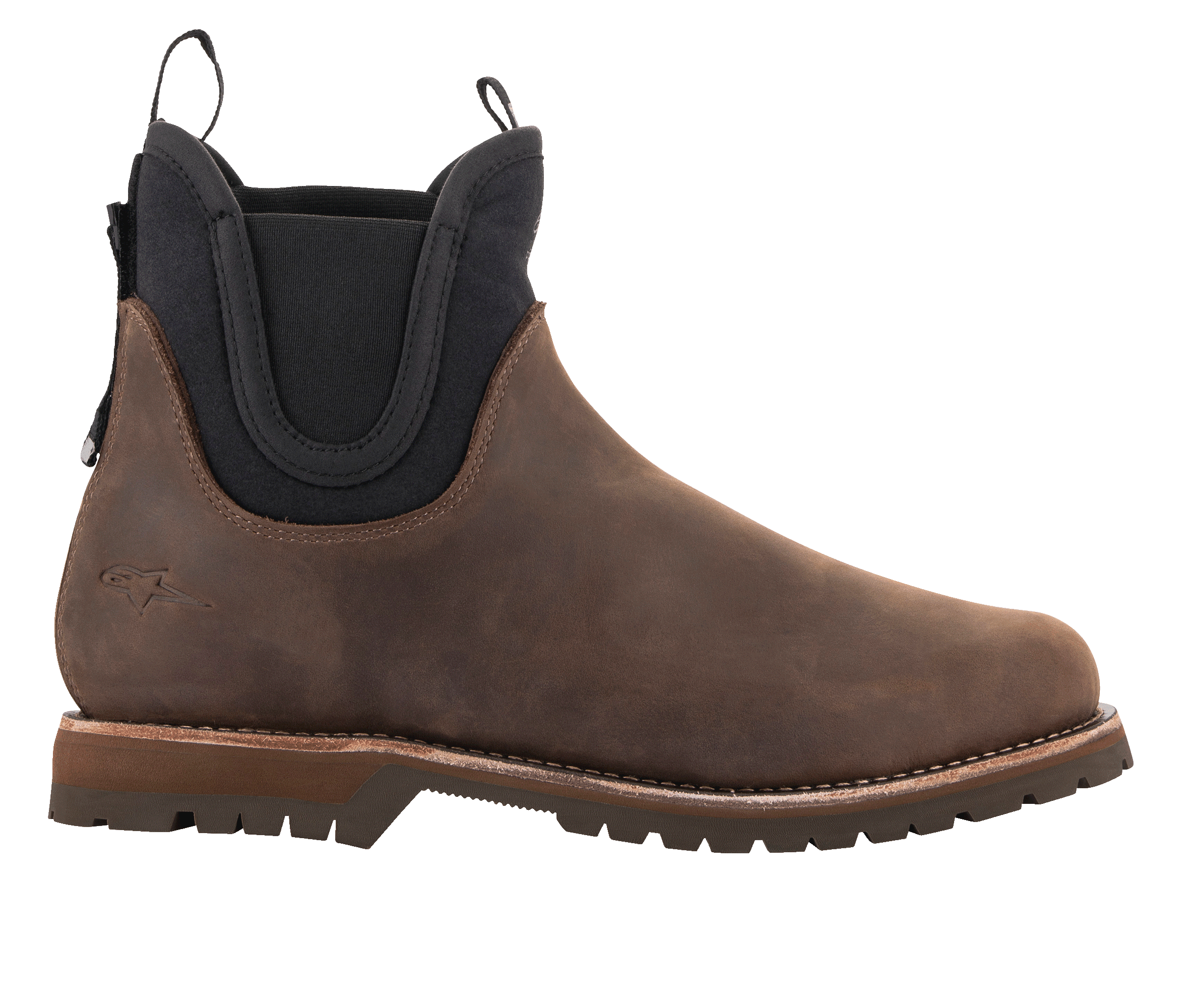 Alpinestars Turnstone Shoes, Chocolate Brown Leather Chelsea Boots, Urban Motorcycle Footwear, Black Elastic Side Panels, Rugged Tread Sole, Classic Silhouette