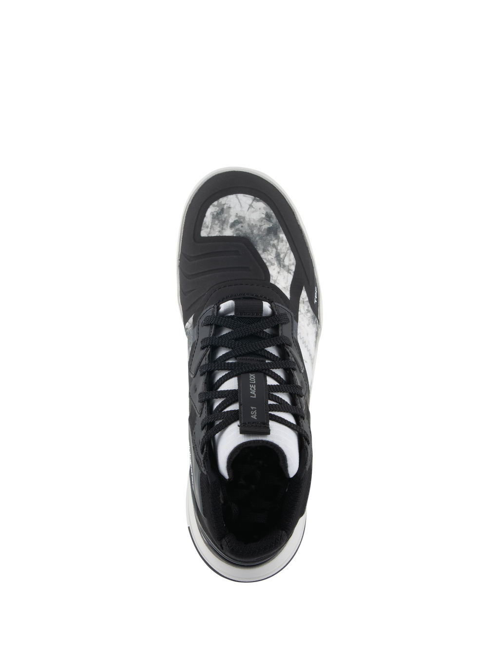 Alpinestars Speedflight Shoes, Black Gray White, Top-down view showing marbled ripstop upper, lace lock system on the tongue, and integrated shift pad, street-styled motorcycle riding shoe