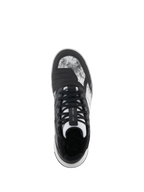 Alpinestars Speedflight Shoes, Black Gray White, Top-down view showing marbled ripstop upper, lace lock system on the tongue, and integrated shift pad, street-styled motorcycle riding shoe